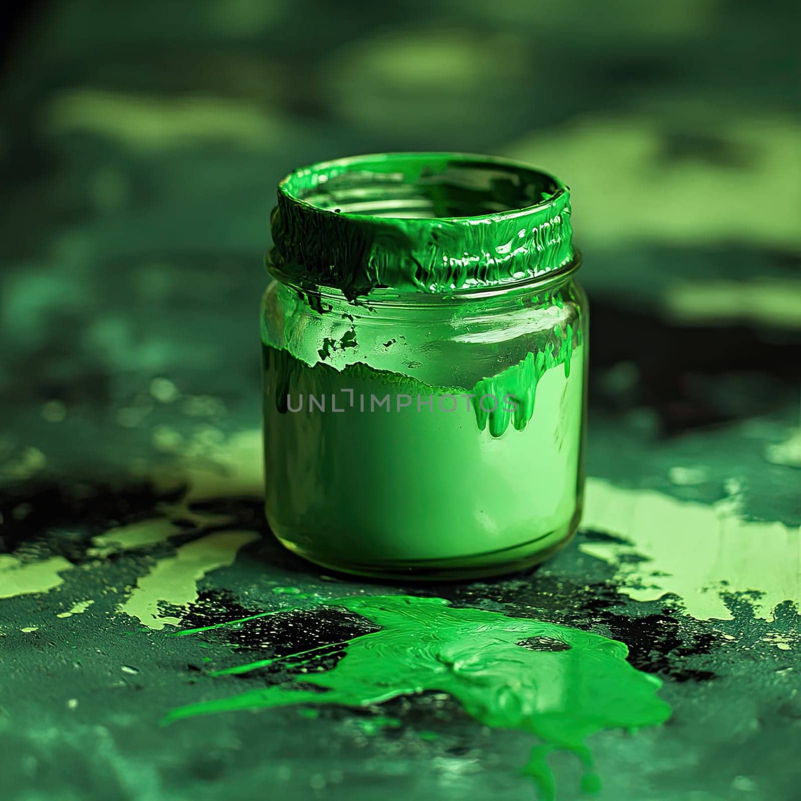 A glass jar filled with bright green paint rests on a mottled surface with paint splatters, illustrating the aftermath of an artistic endeavor.