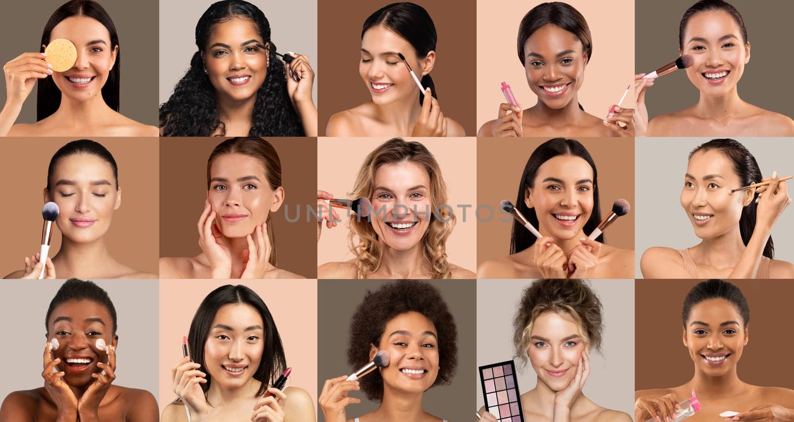 A vibrant collection of women showcasing their beauty routines with makeup tools, each expressing happiness and confidence in a variety of skin tones and styles.