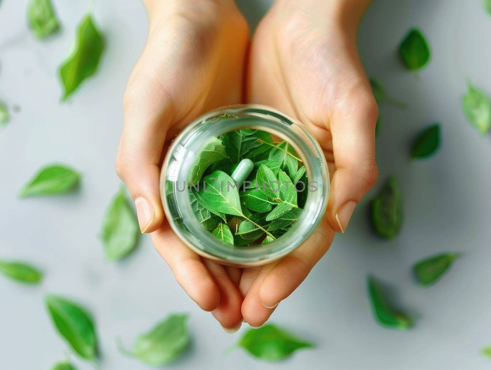 Hands cradle a clear jar containing fresh green leaves and a capsule, surrounded by scattered foliage, symbolizing nature’s remedies and wellness.