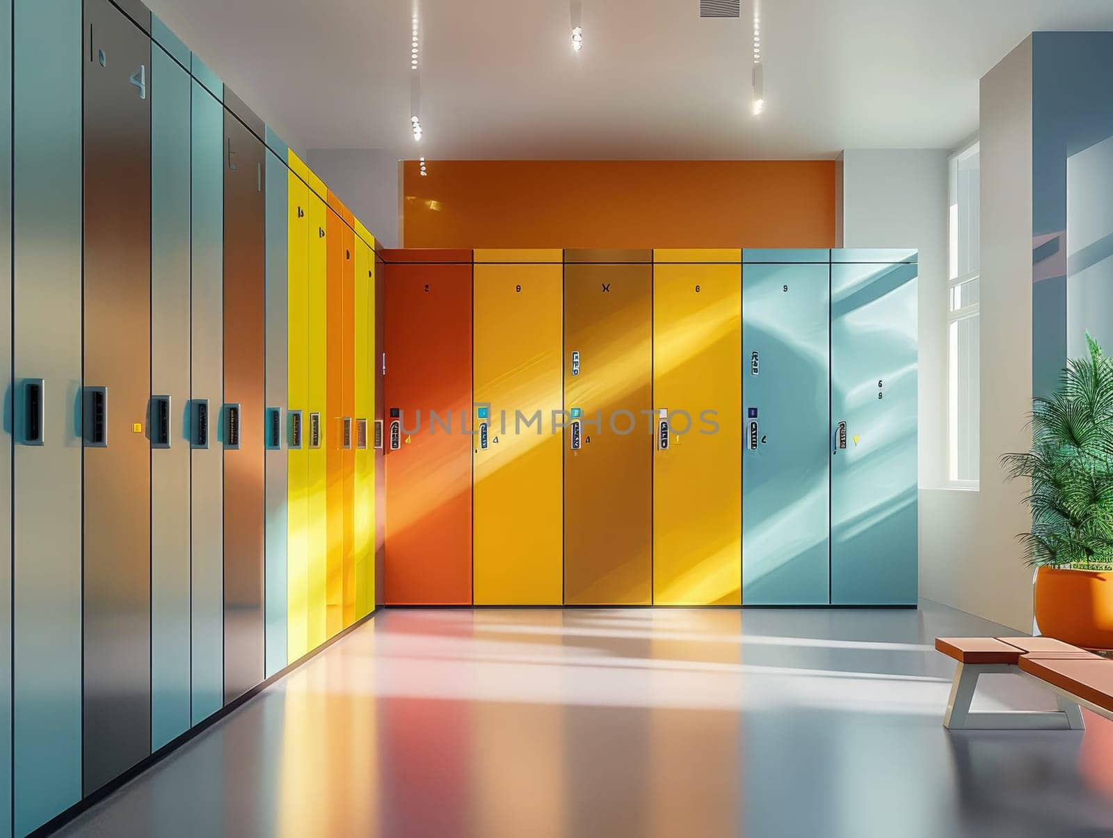 Colorful lockers line the walls of a contemporary changing room, illuminated by sunlight streaming through large windows, creating a cheerful atmosphere.