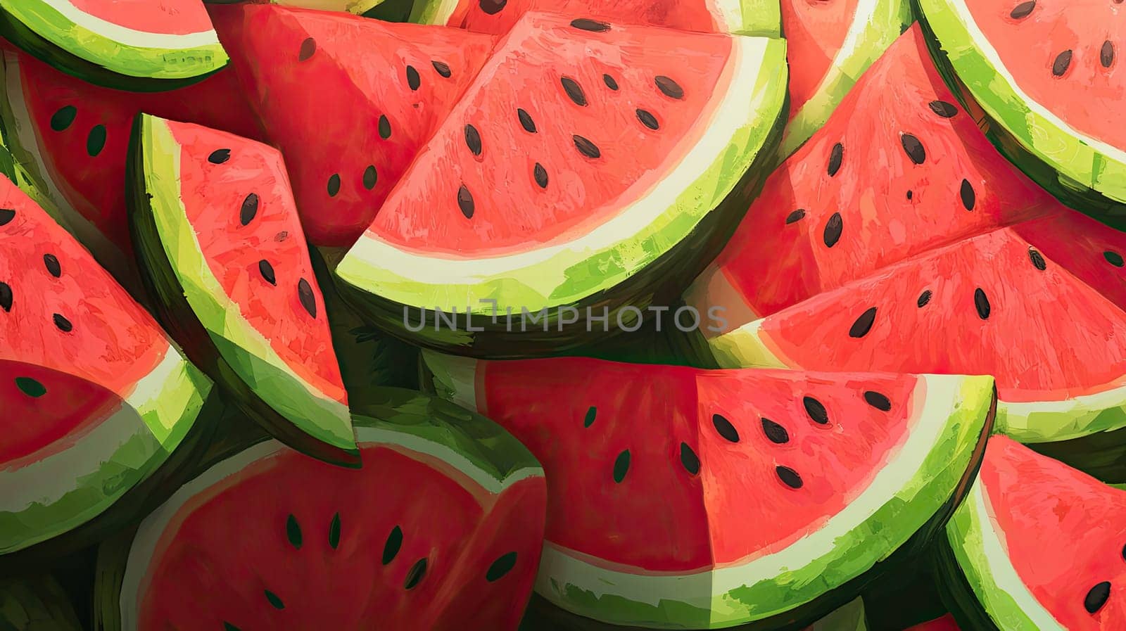 Juicy watermelon slices fill the composition with rich red and green colors, inviting viewers to experience the freshness and sweetness often associated with summer.
