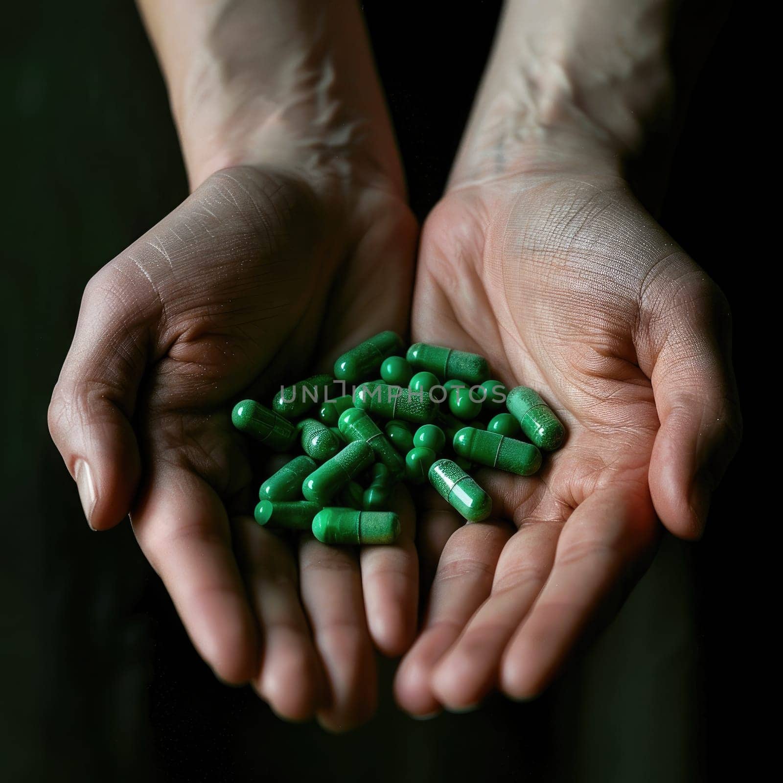 Open hands display numerous green capsules, emphasizing a theme of dietary supplements or herbal medicine in a soft, shadowy environment.