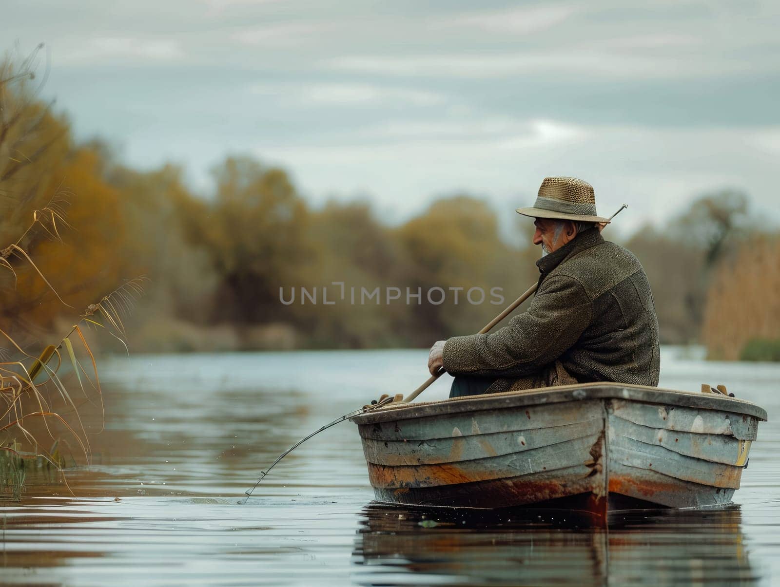 A man sits peacefully in a small wooden boat, fishing quietly on a calm river, with autumn trees reflecting in the water under a cloudy sky.