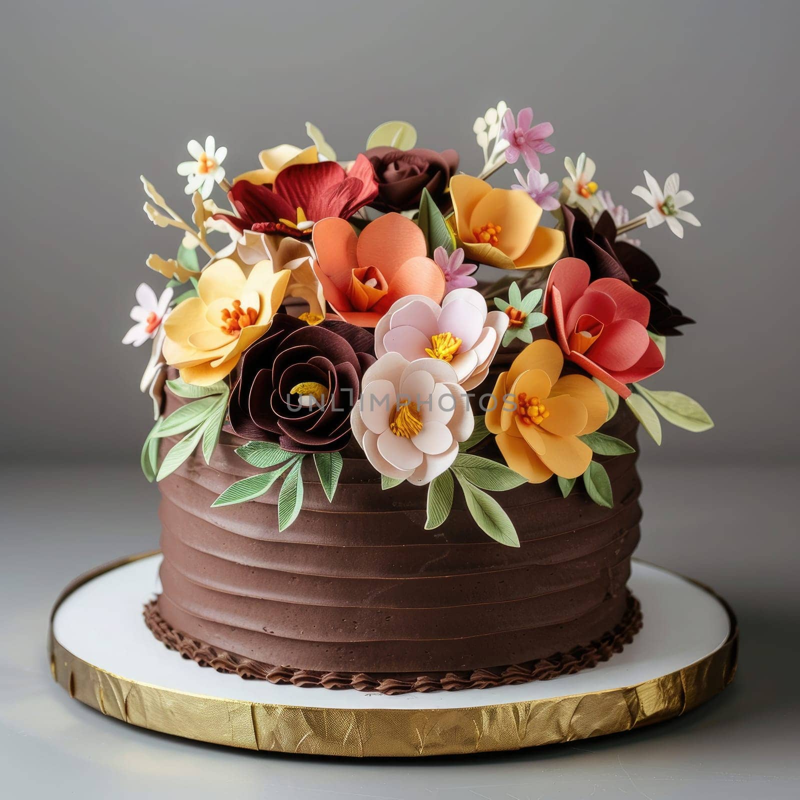 A stunning chocolate cake is elegantly topped with an array of vibrant edible flowers, perfect for celebrating a memorable occasion with friends and family.