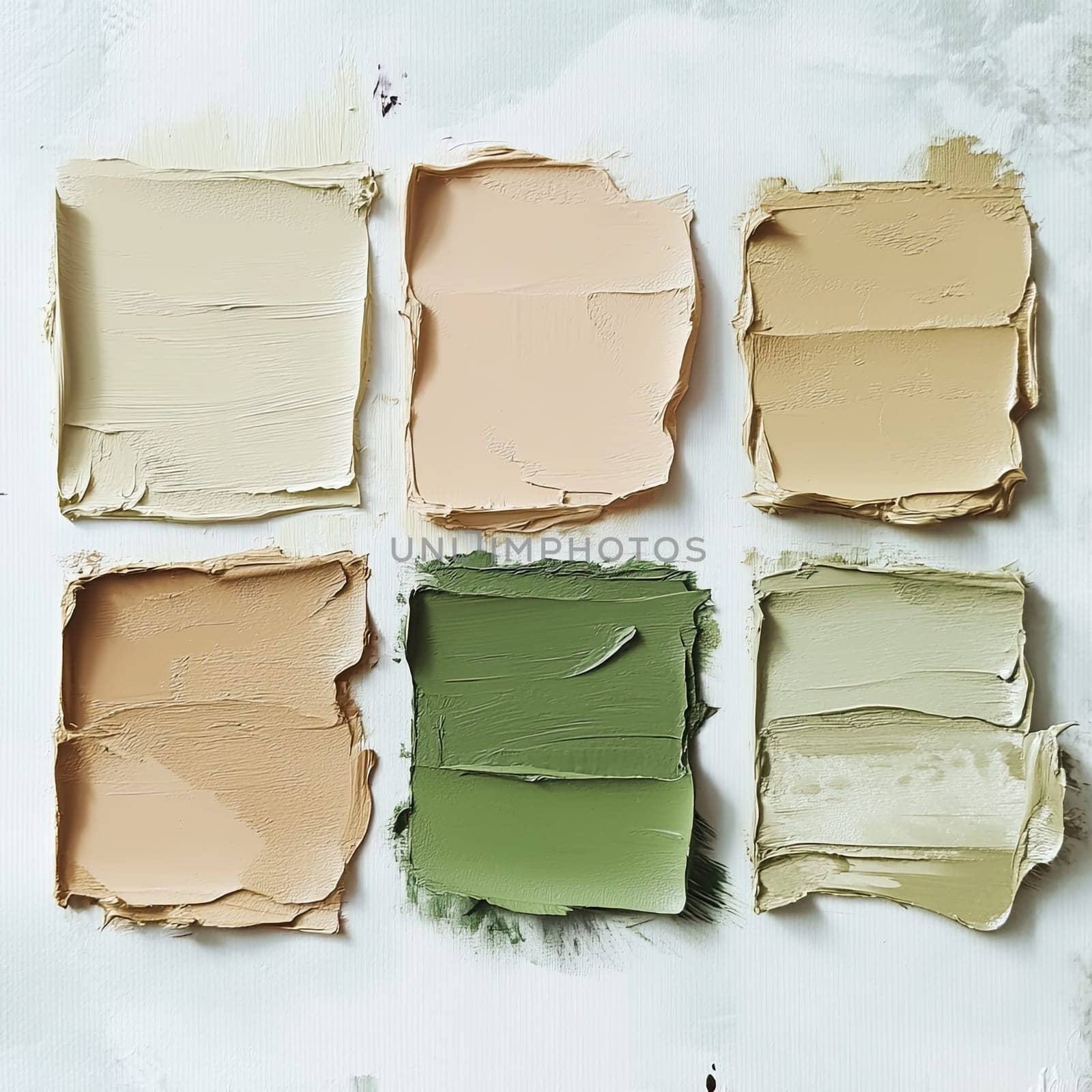A variety of paint swatches in neutral and earthy tones are artfully arranged, showcasing shades from beige to green on a textured surface.