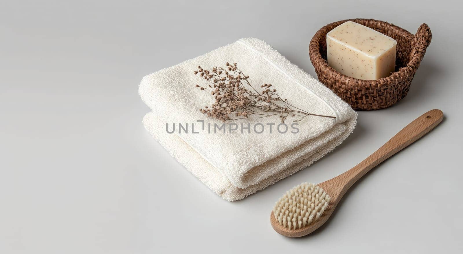Clean and minimal arrangement featuring soft towels, a bar of natural soap, a wooden body brush, and delicate dried flowers on a neutral surface.