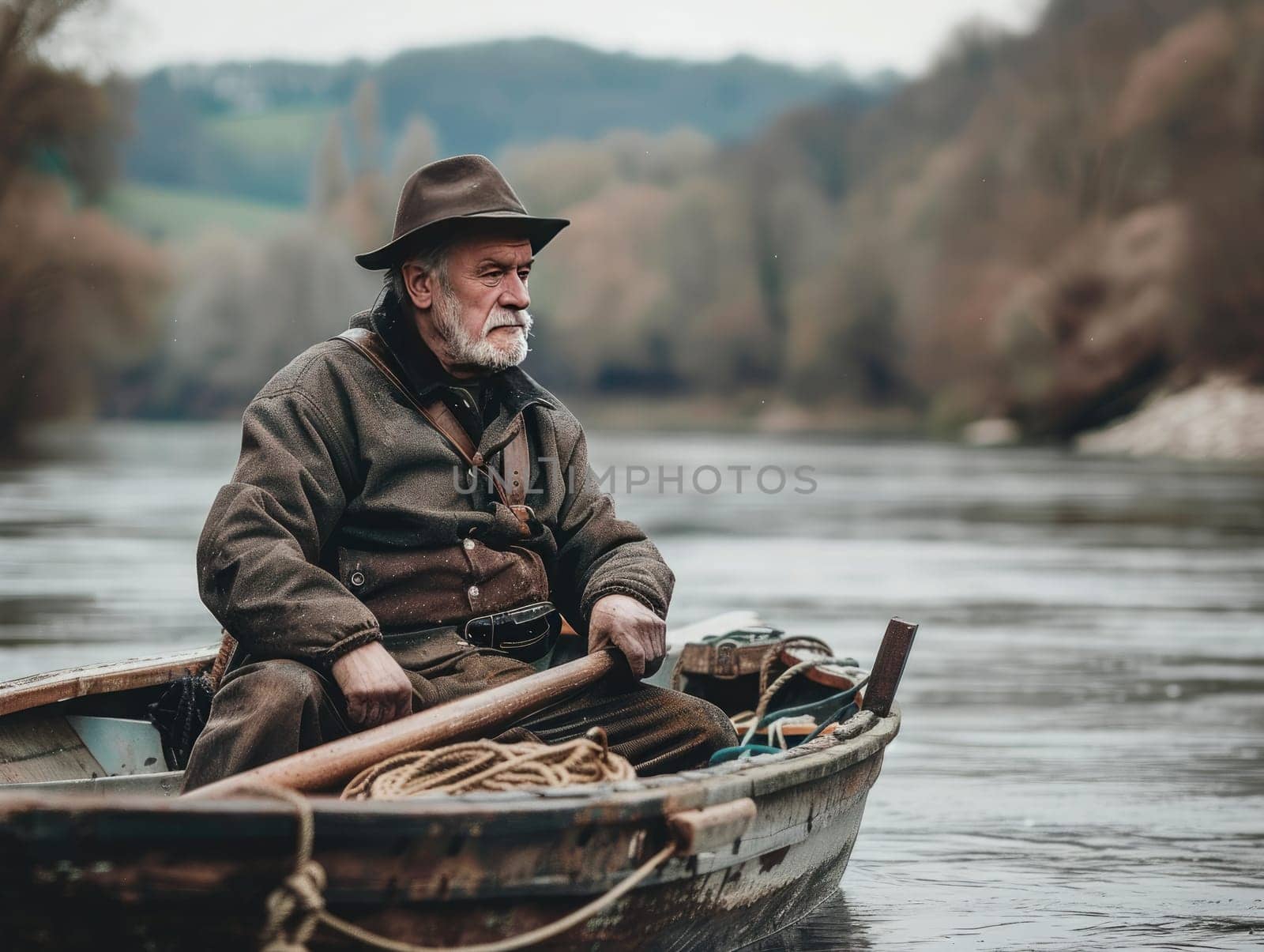 An elderly man sits quietly in a wooden boat, fishing on a serene river. The surrounding trees create a peaceful atmosphere during early morning hours.