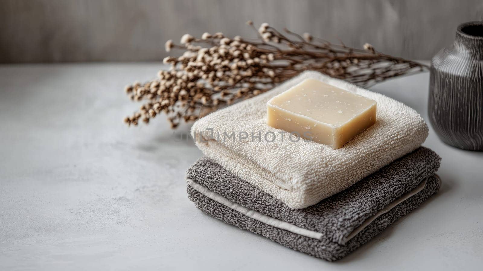 A neutral-toned setting features stacked soft towels, a natural soap bar resting on top, and delicate dried flowers beside a ceramic vase, creating a peaceful atmosphere.
