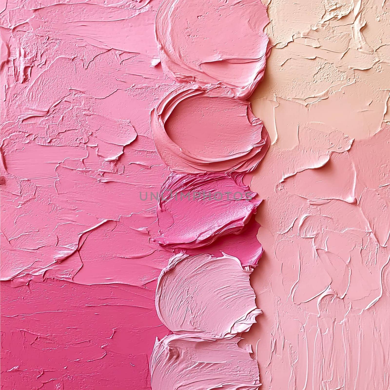 The artwork features vibrant pink shades with various textures, demonstrating skillful application of acrylic paint in an artist's studio environment.