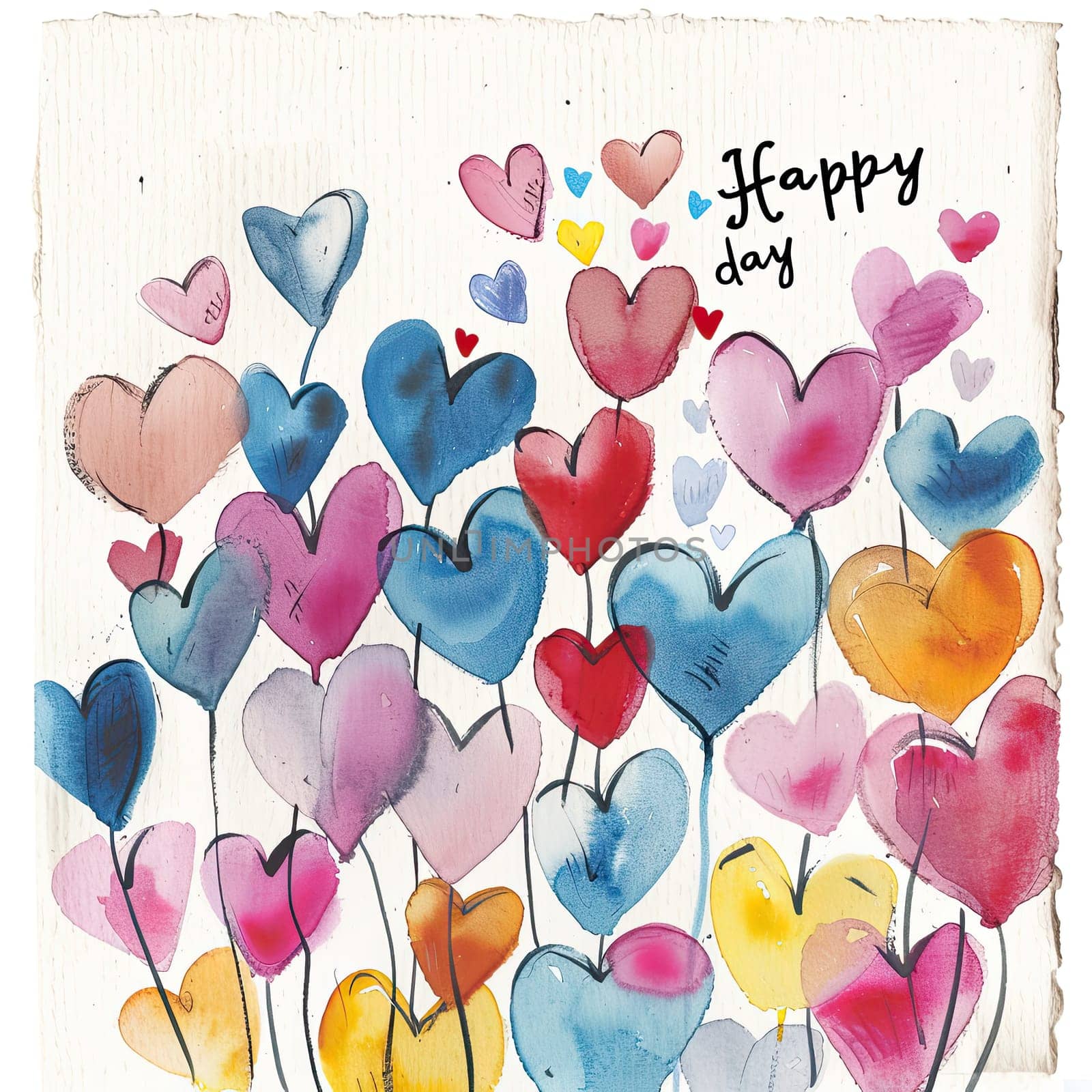 A delightful collection of heart shapes in various colors creates a festive atmosphere, symbolizing happiness and love in a vibrant watercolor style.