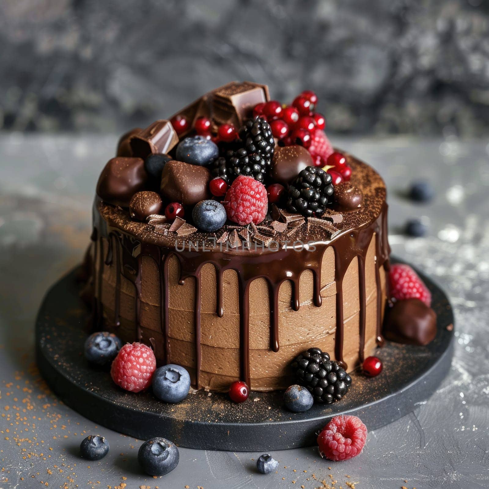 This dessert features a rich chocolate cake topped with an array of fresh raspberries, blueberries, and blackberries, drizzled with chocolate and garnished with chocolate squares.