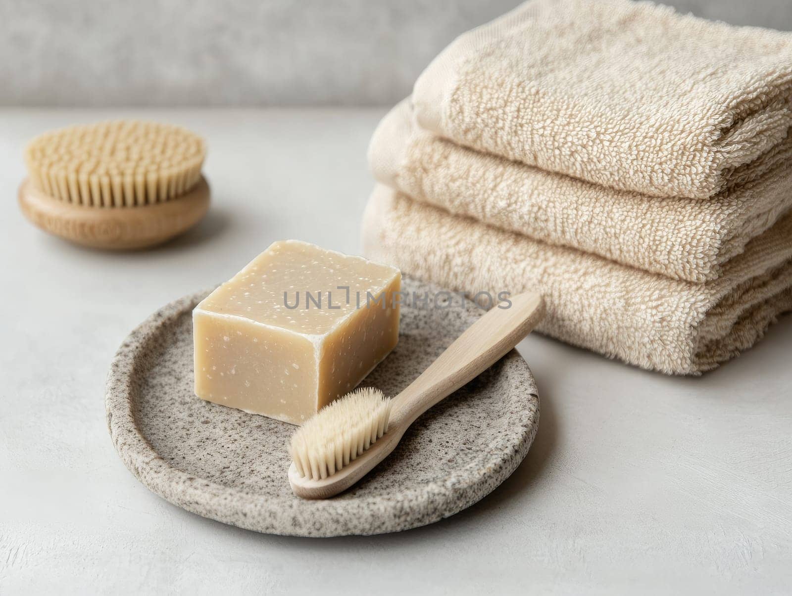 A clean and calming bathroom setup features a bar of natural soap on a textured plate, accompanied by a wooden brush and neatly stacked towels for a tranquil experience.