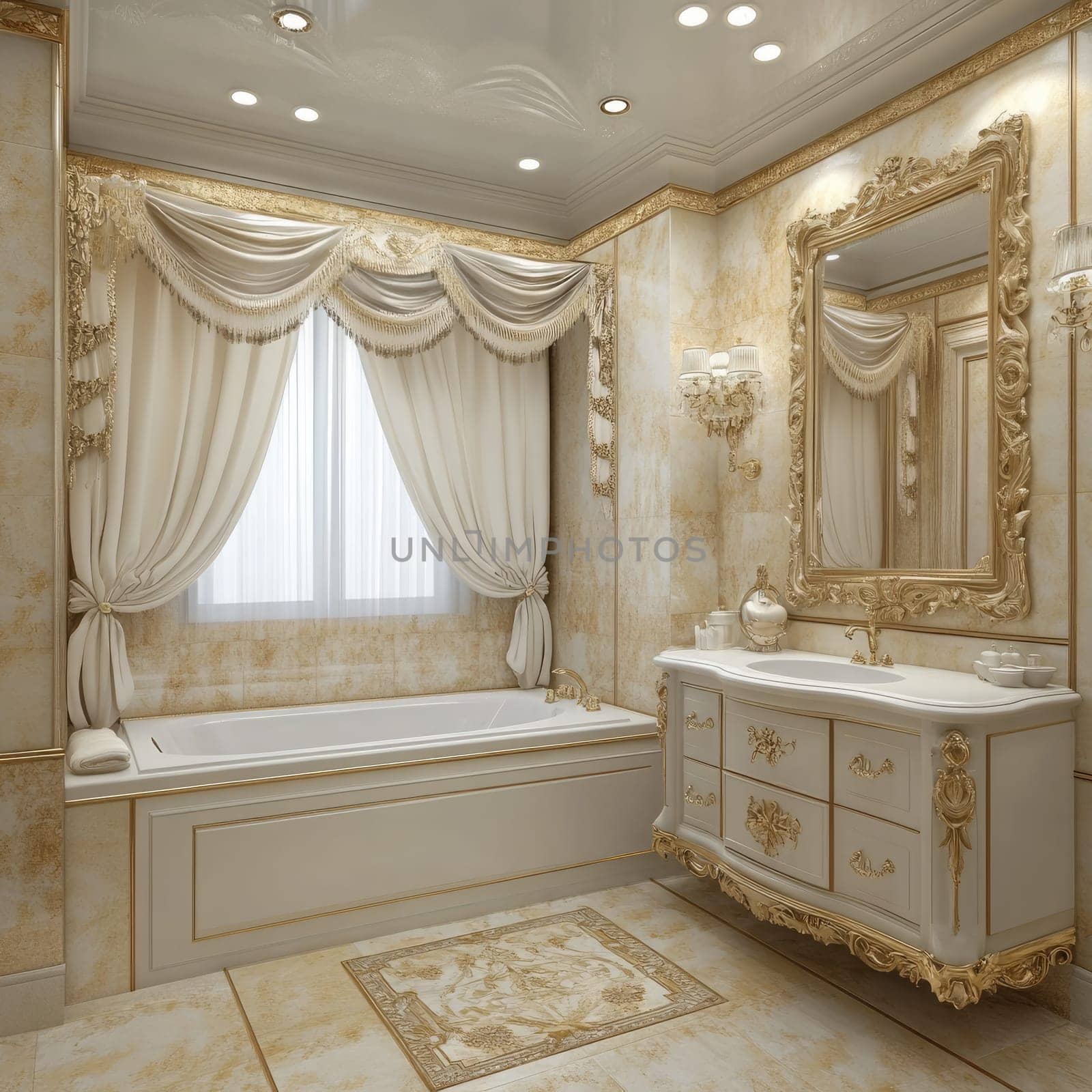 This stunning bathroom showcases exquisite details like a vintage bathtub, ornate mirror, and elegant drapery. The warm colors and lighting create a relaxing atmosphere.