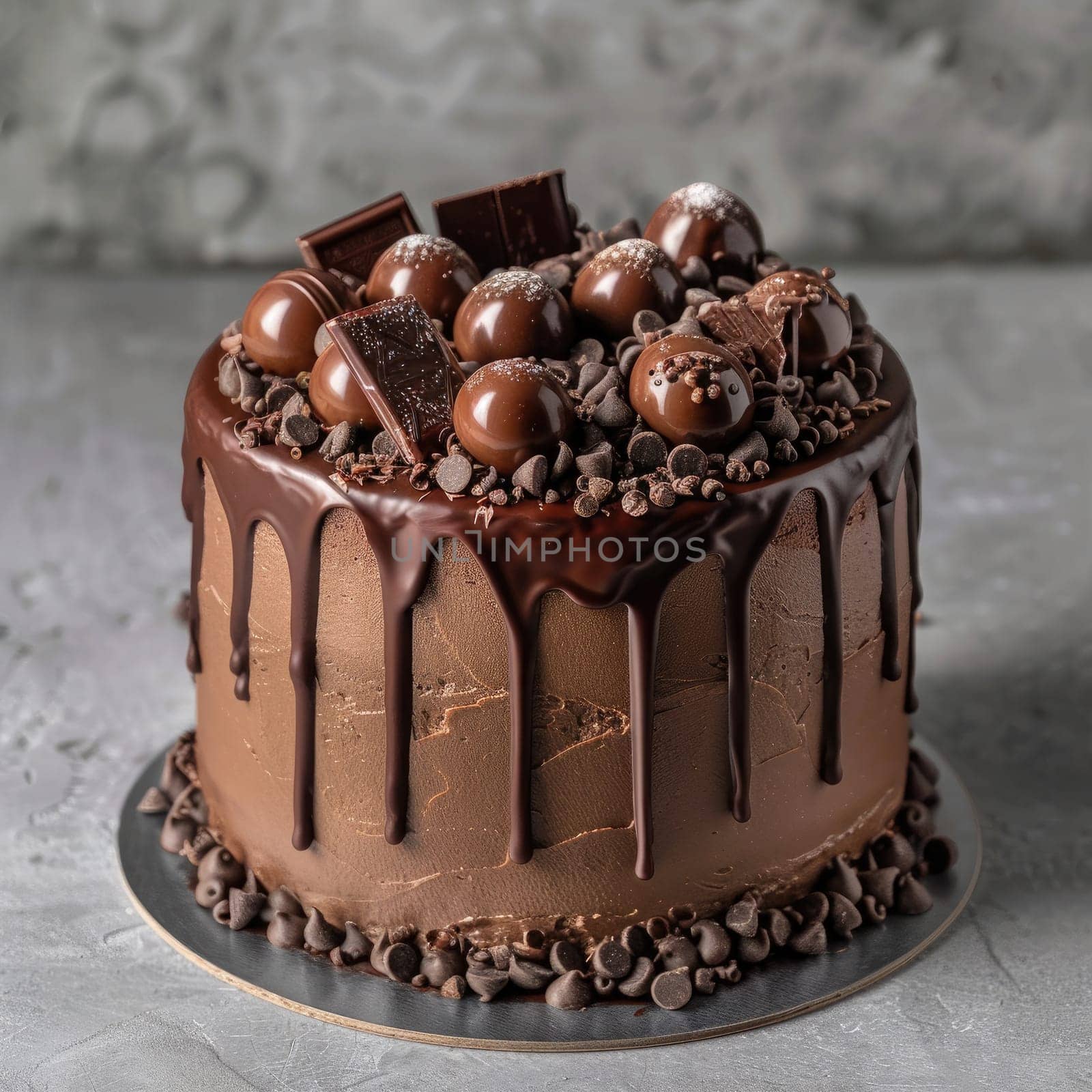 This enticing chocolate cake features a glossy ganache drip, topped with various chocolates and decorations, perfect for celebration or dessert.