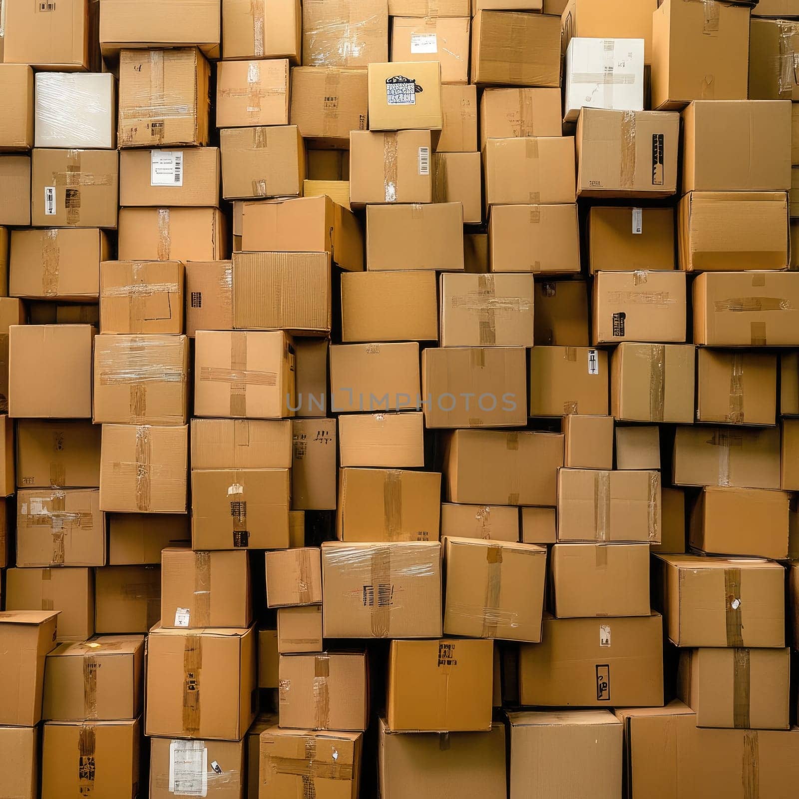 A large warehouse is filled with numerous cardboard boxes stacked haphazardly, creating a towering array of packages under bright lighting.