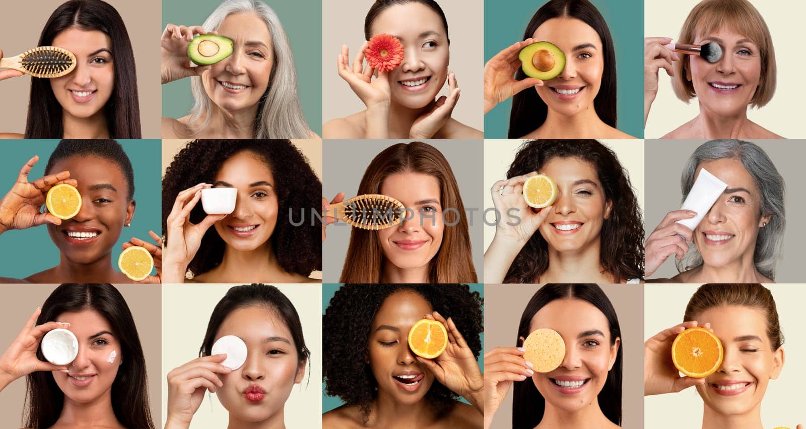 A group of diverse women holds various fruit slices and beauty tools, smiling while demonstrating natural skincare practices
