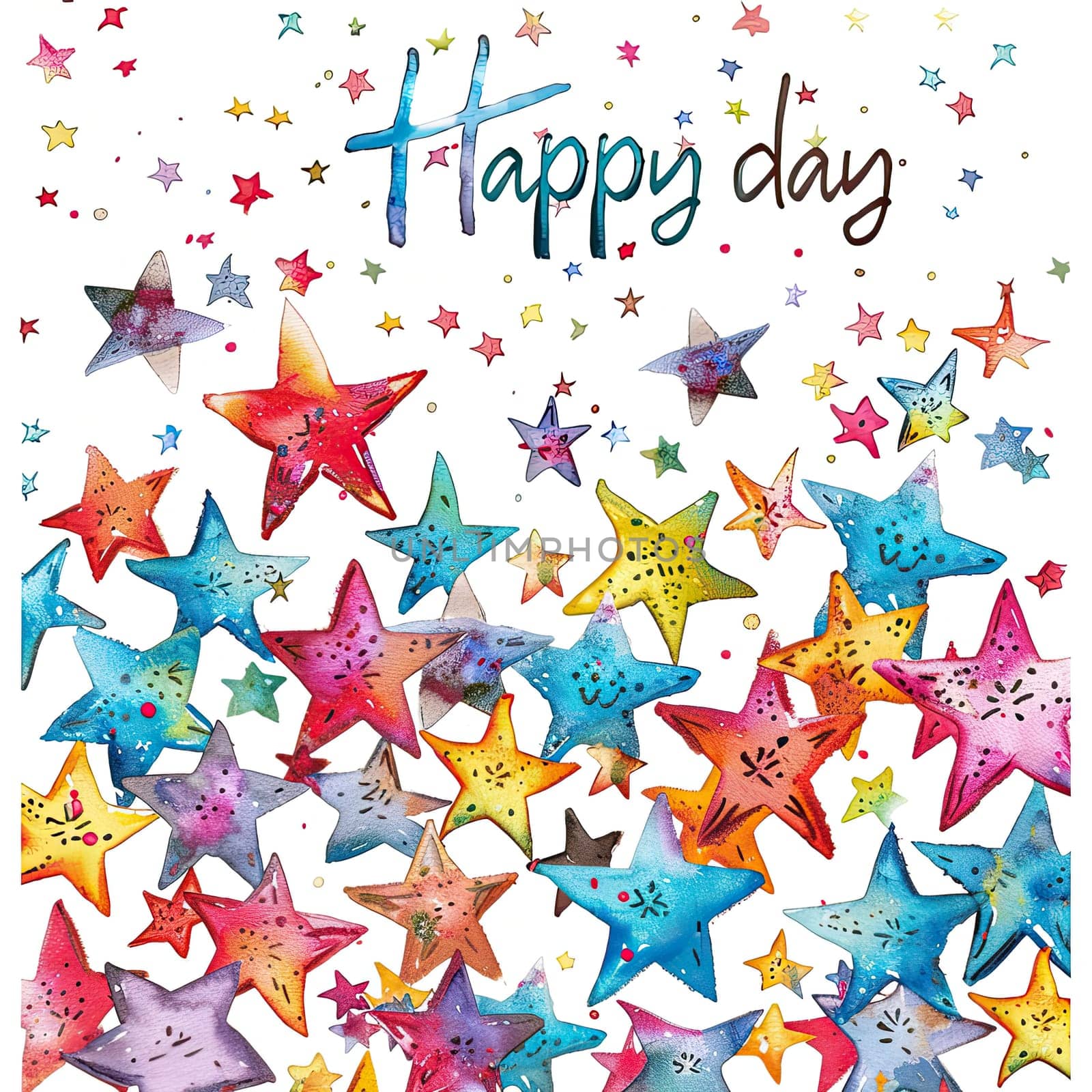 A joyful display features a multitude of colorful watercolor stars scattered against a white background, accompanied by the cheerful text Happy day at the top, enhancing the playful vibe.