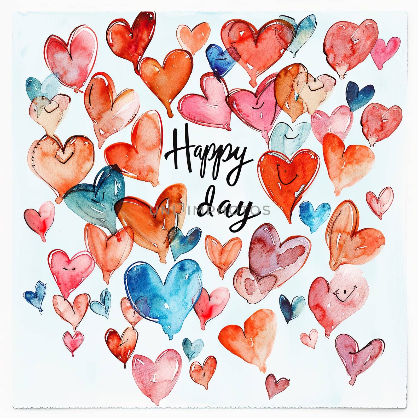 A vibrant display of assorted watercolor hearts in various shades creates a cheerful atmosphere, conveying joy and love for festive celebrations.
