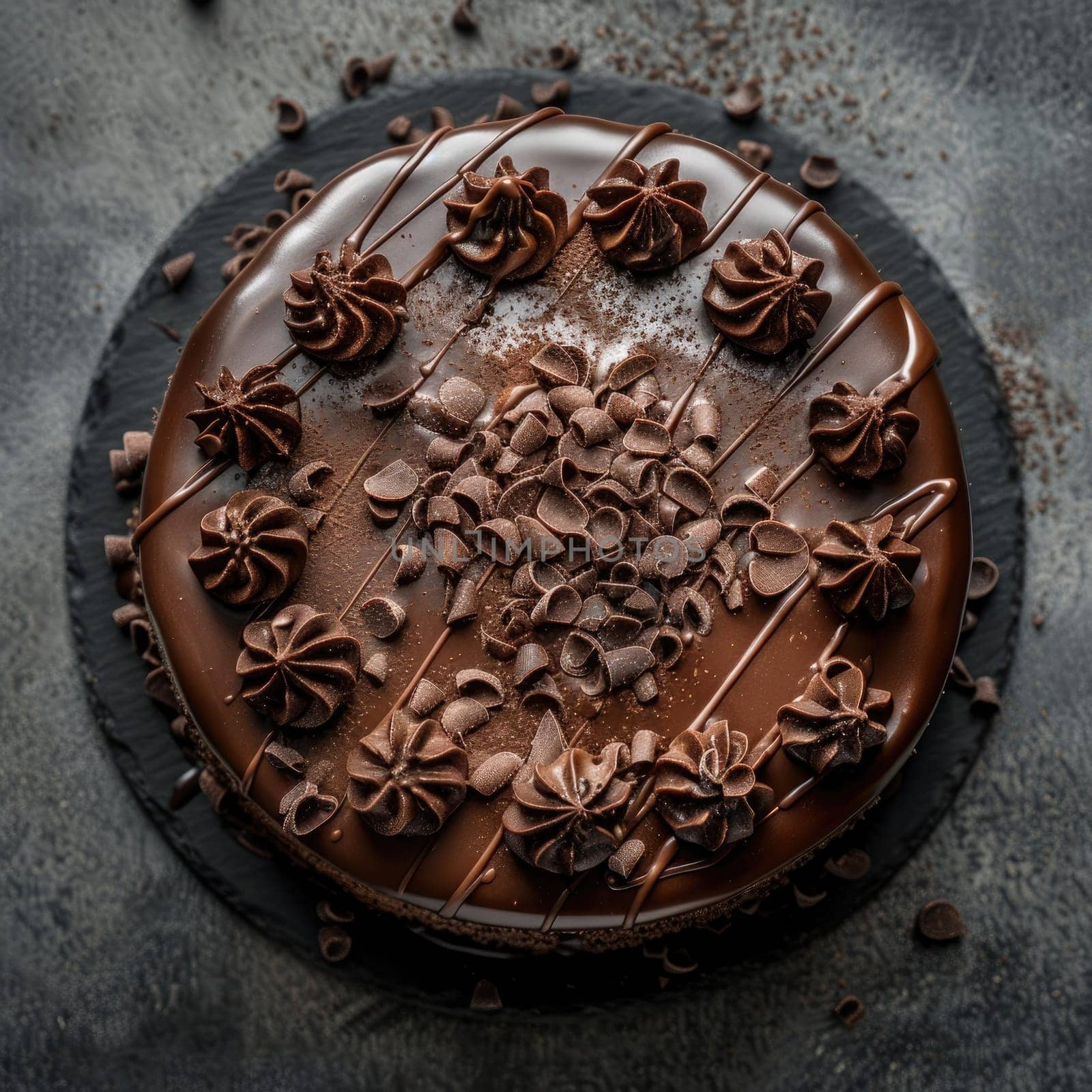 A rich chocolate cake showcases elegant swirls and chocolate shavings on top, highlighting its indulgent layers and appealing visuals, ideal for any gathering.