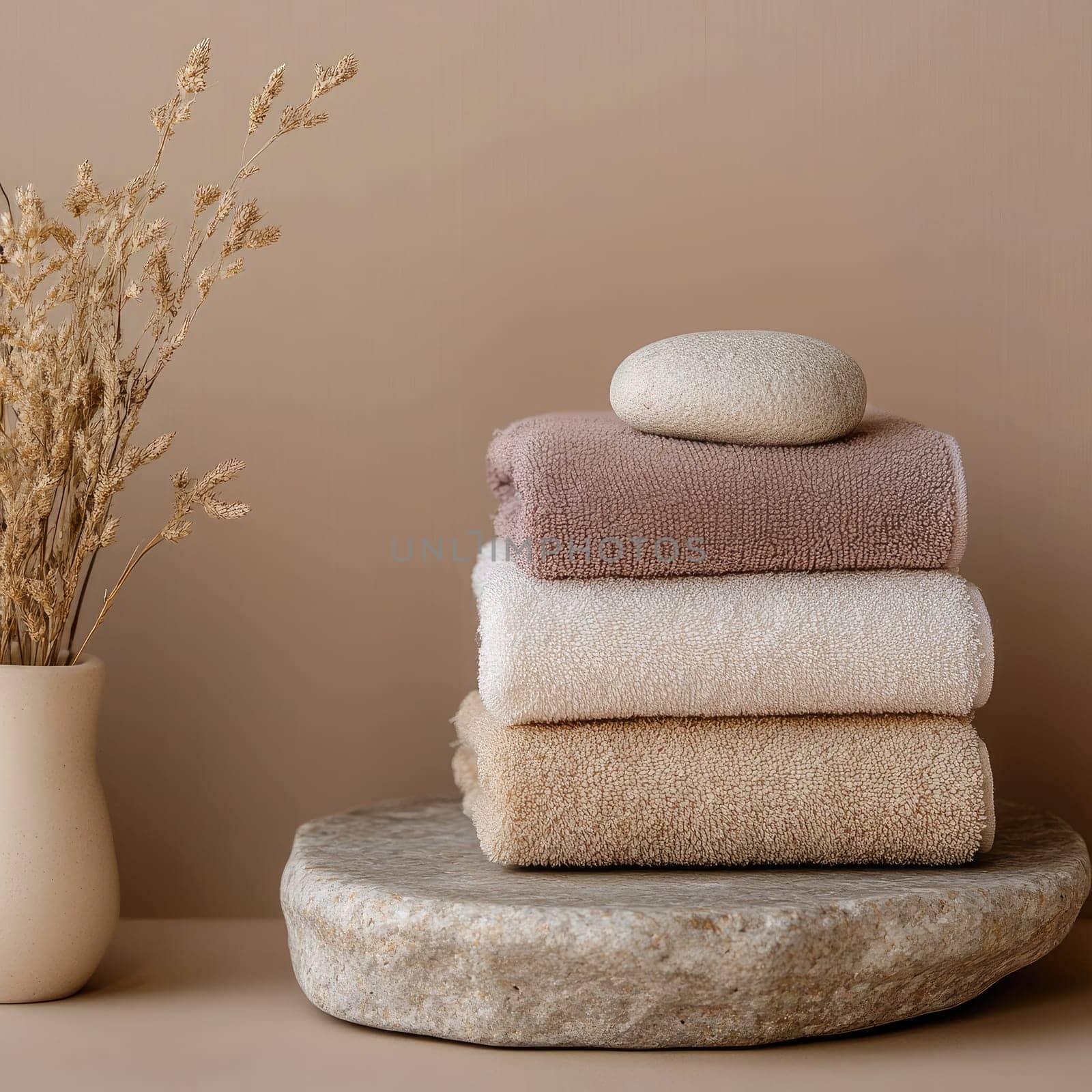 Soft towels in neutral shades are neatly arranged on a textured stone table beside a simple vase filled with dried flowers, enhancing the serene atmosphere of the room.