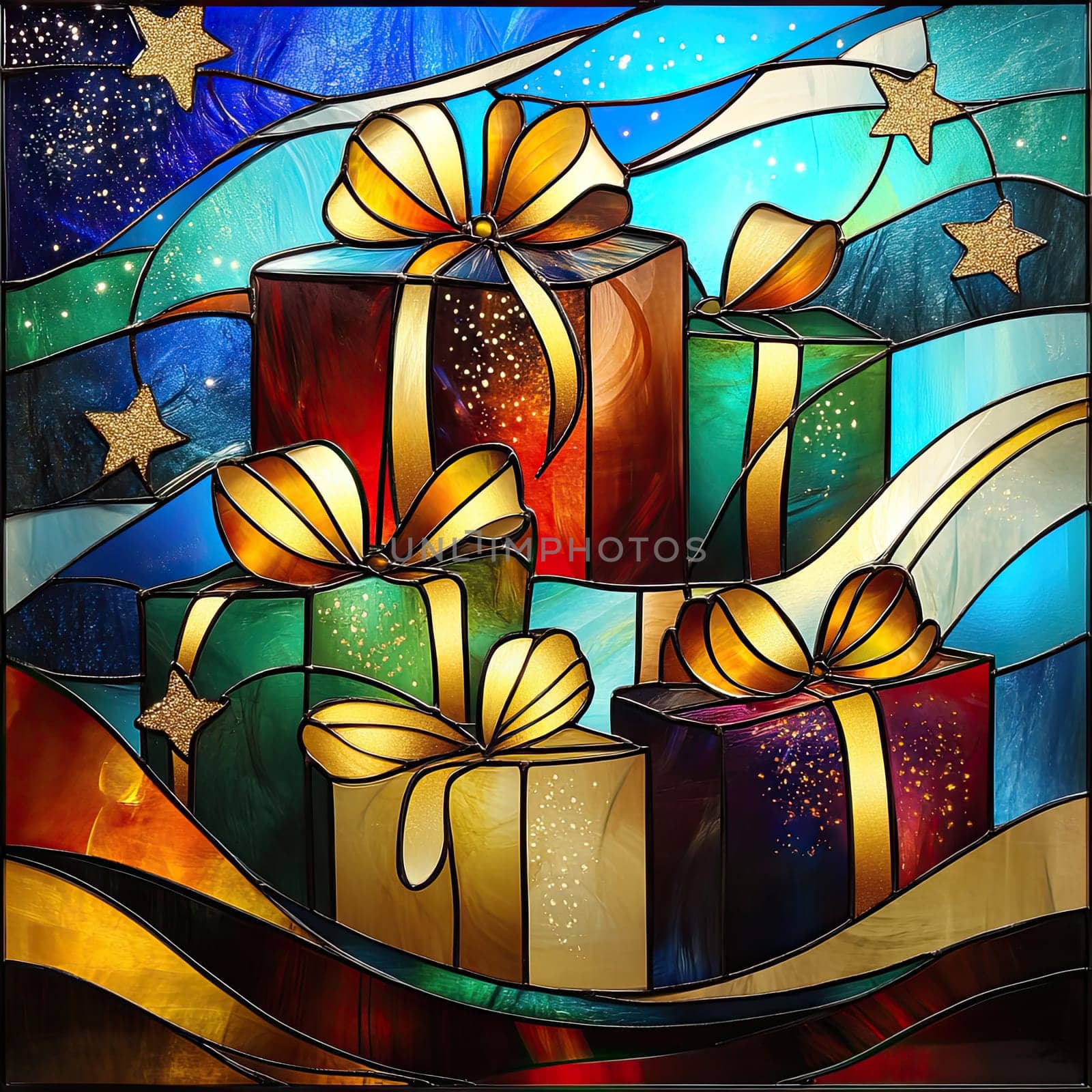 The artwork showcases meticulously crafted stained glass presents in various colors, adorned with golden ribbons, set against a dazzling starry background.