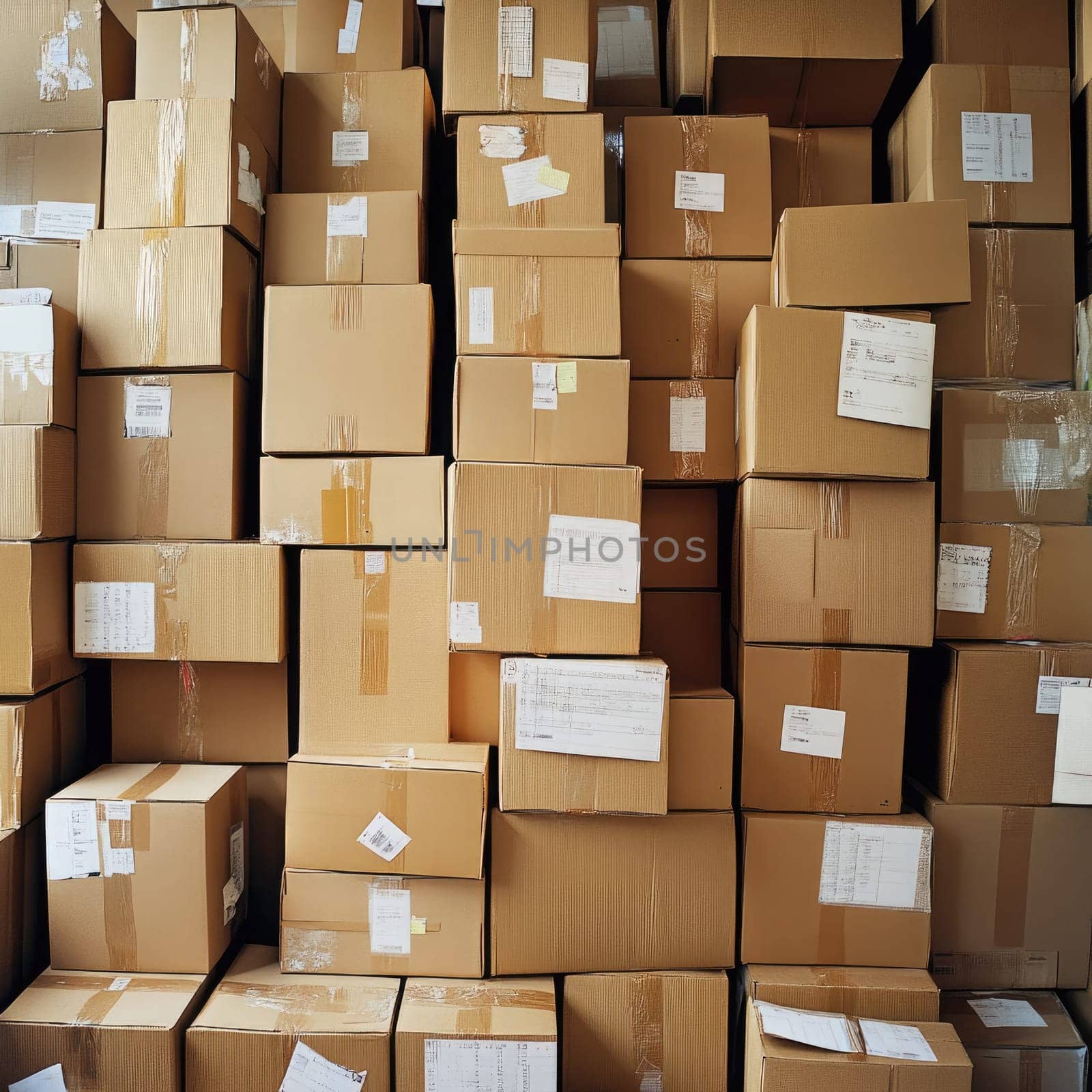 Numerous cardboard boxes are tightly stacked in a storage area, filled with various items. This organized display suggests preparation for an upcoming shipment or distribution.
