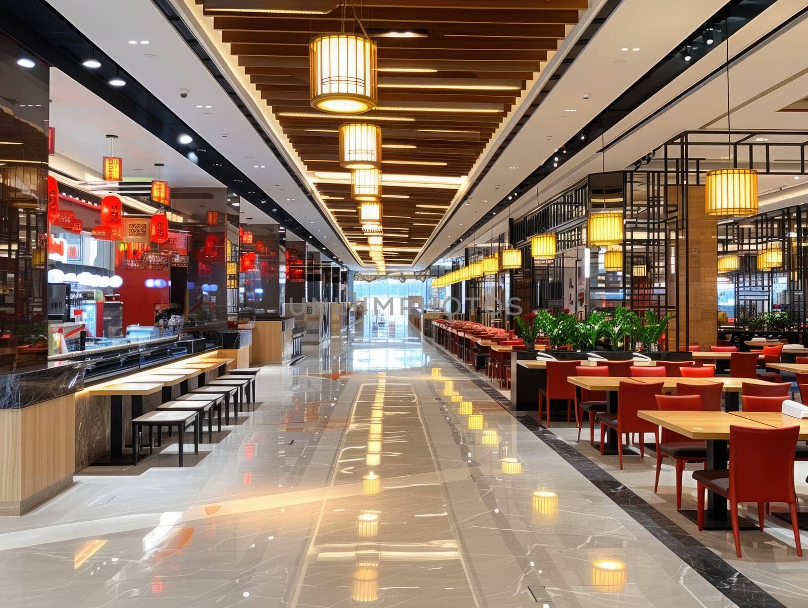 A spacious dining area features elegant wooden beams and bright lanterns, with rows of tables awaiting guests. The clean design creates a welcoming atmosphere.