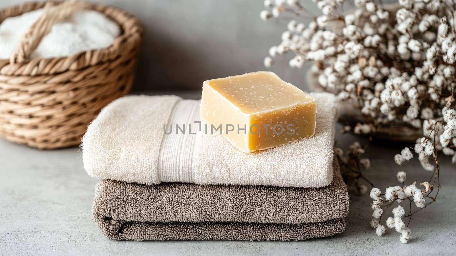 A serene arrangement showcases two neatly folded towels, a bar of handmade soap, and a basket of bath essentials, completed with elegant dried flowers for a calming atmosphere.