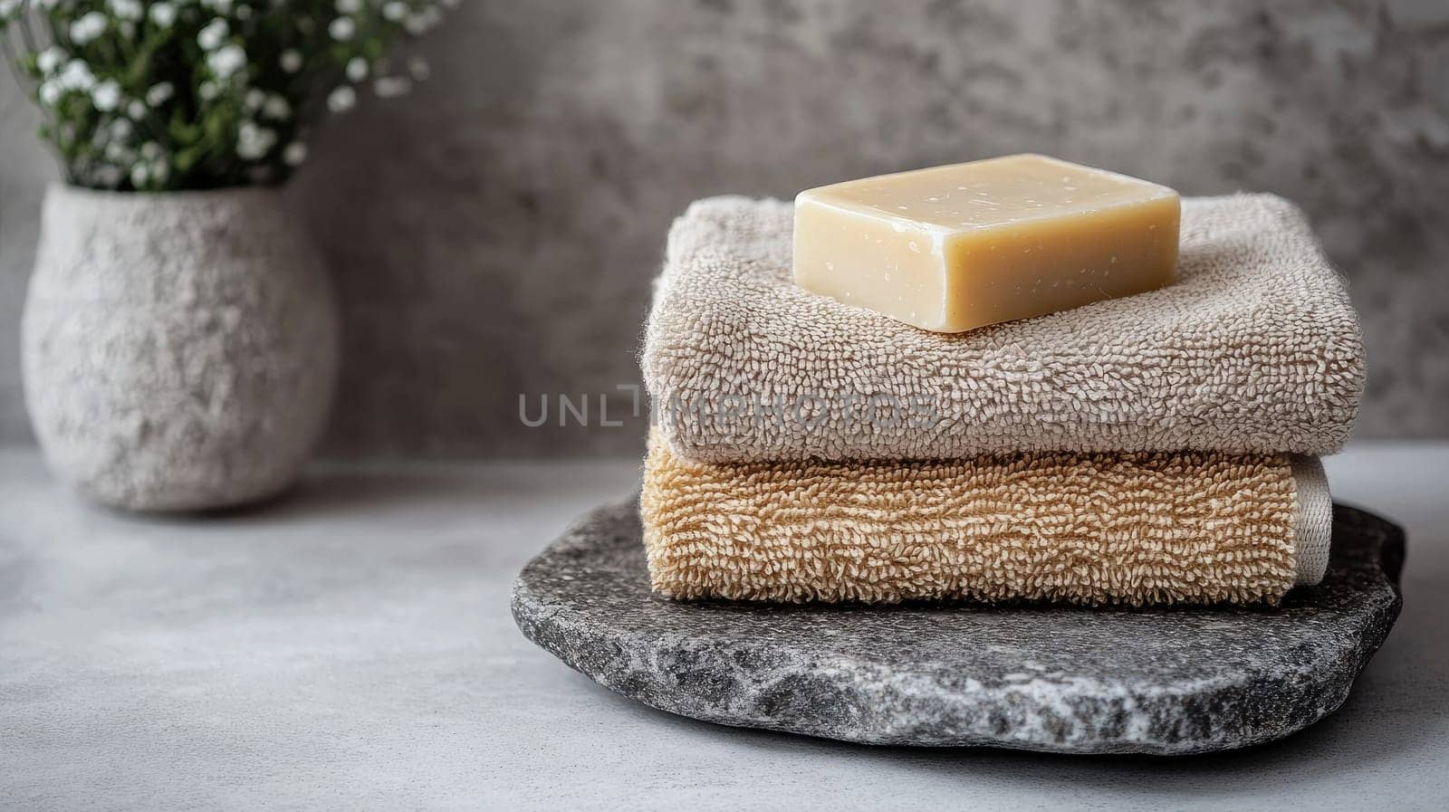 A serene arrangement features two soft towels stacked neatly, topped with a natural soap bar, all on a stone tray. A small plant adds a touch of freshness to the setting.