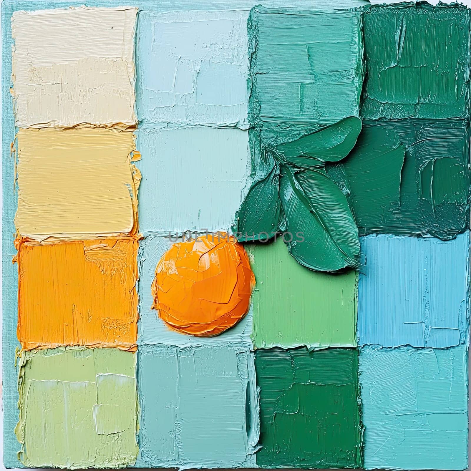 A vibrant abstract piece showcases a bright orange surrounded by patches of blues and greens. The textured paint adds depth, drawing attention to the fruit's fresh appearance.