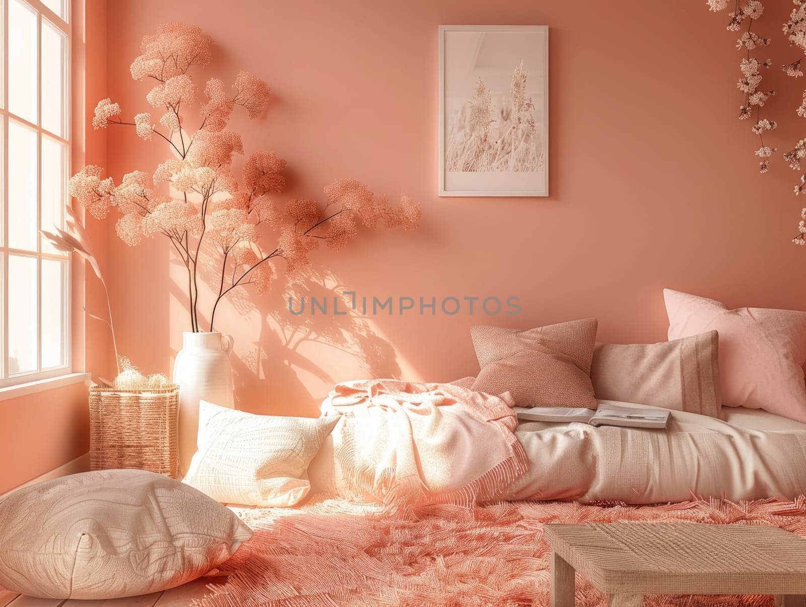 A tranquil living space features a plush couch with soft cushions, surrounded by pastel decor and blooming branches, inviting relaxation and comfort.