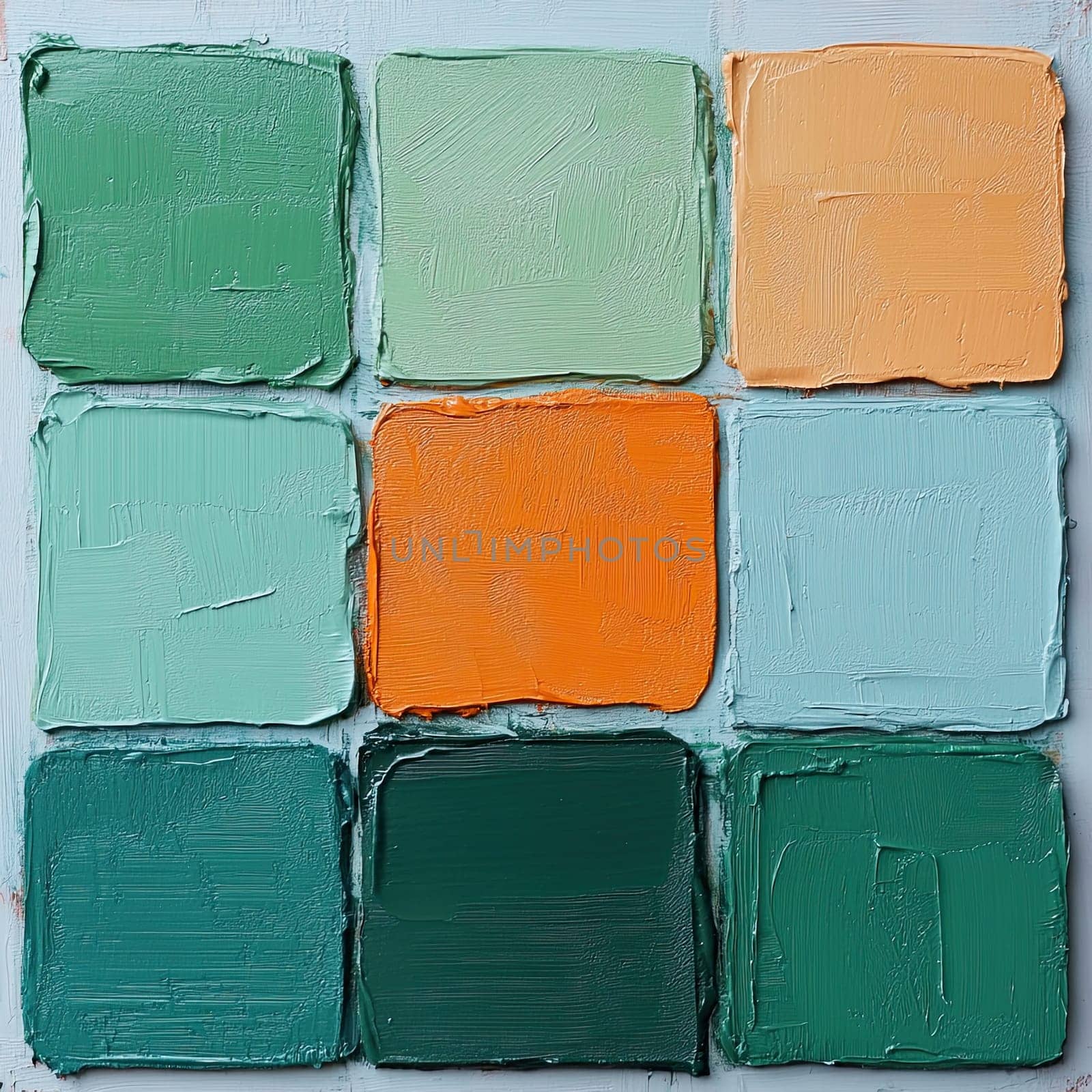 Brightly colored squares in green, orange, and blue are arranged in a grid pattern, highlighting different textures and tones of paint on the surface.
