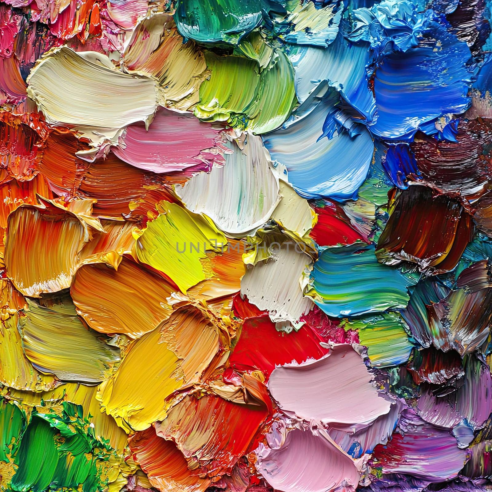 A vivid arrangement of oil paints spreads across the palette, showcasing a rich variety of colors blending together in an artistic studio setting during daylight hours.