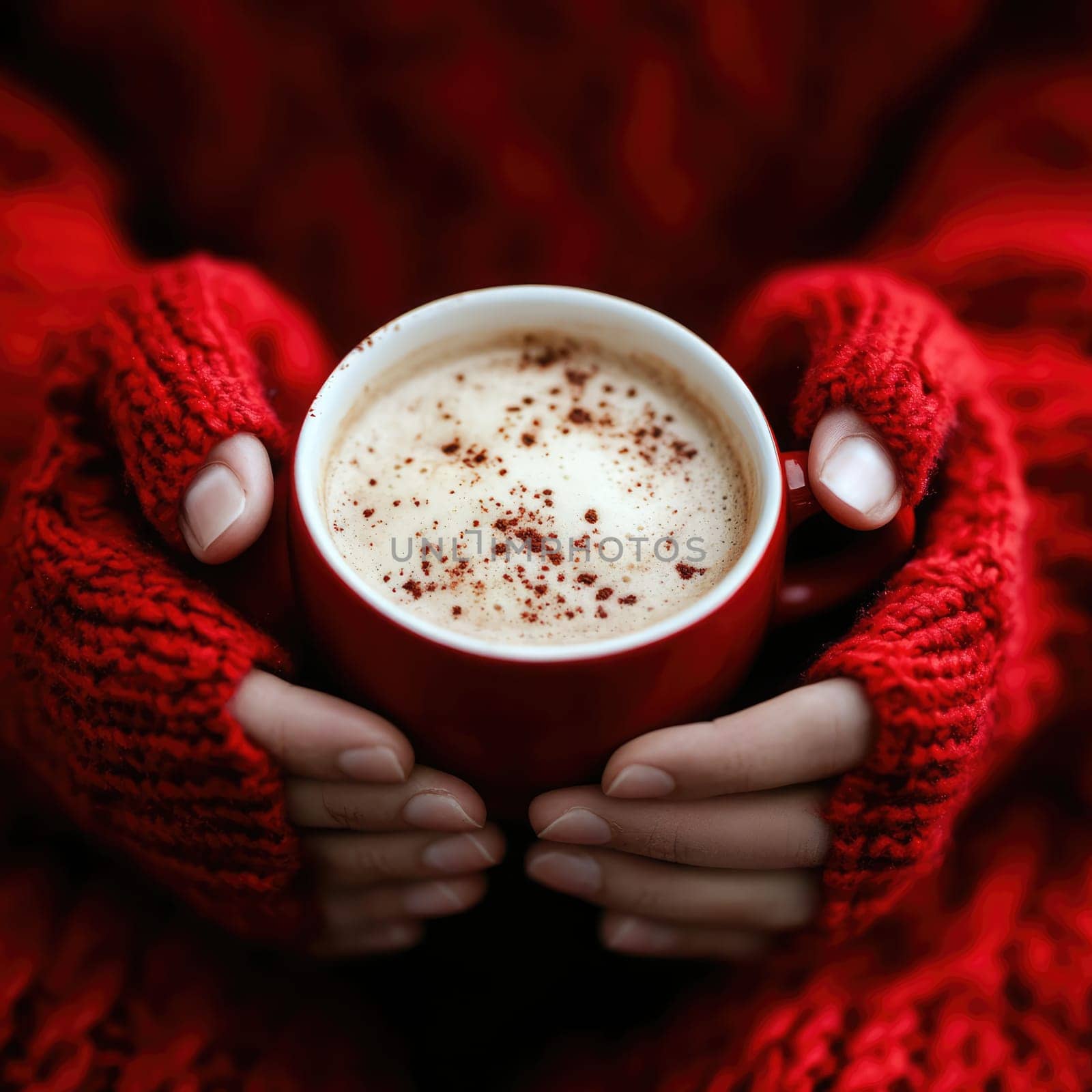 A person holds a warm cup of beverage with a frothy top and sprinkled cocoa, dressed in a vibrant red sweater, conveying comfort on a cool day.