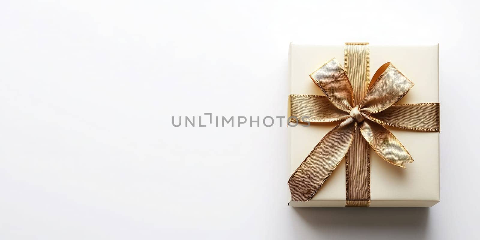 A small, elegantly wrapped gift in white paper with a shiny gold ribbon sits on a minimalist white background, perfect for special occasions or holidays.