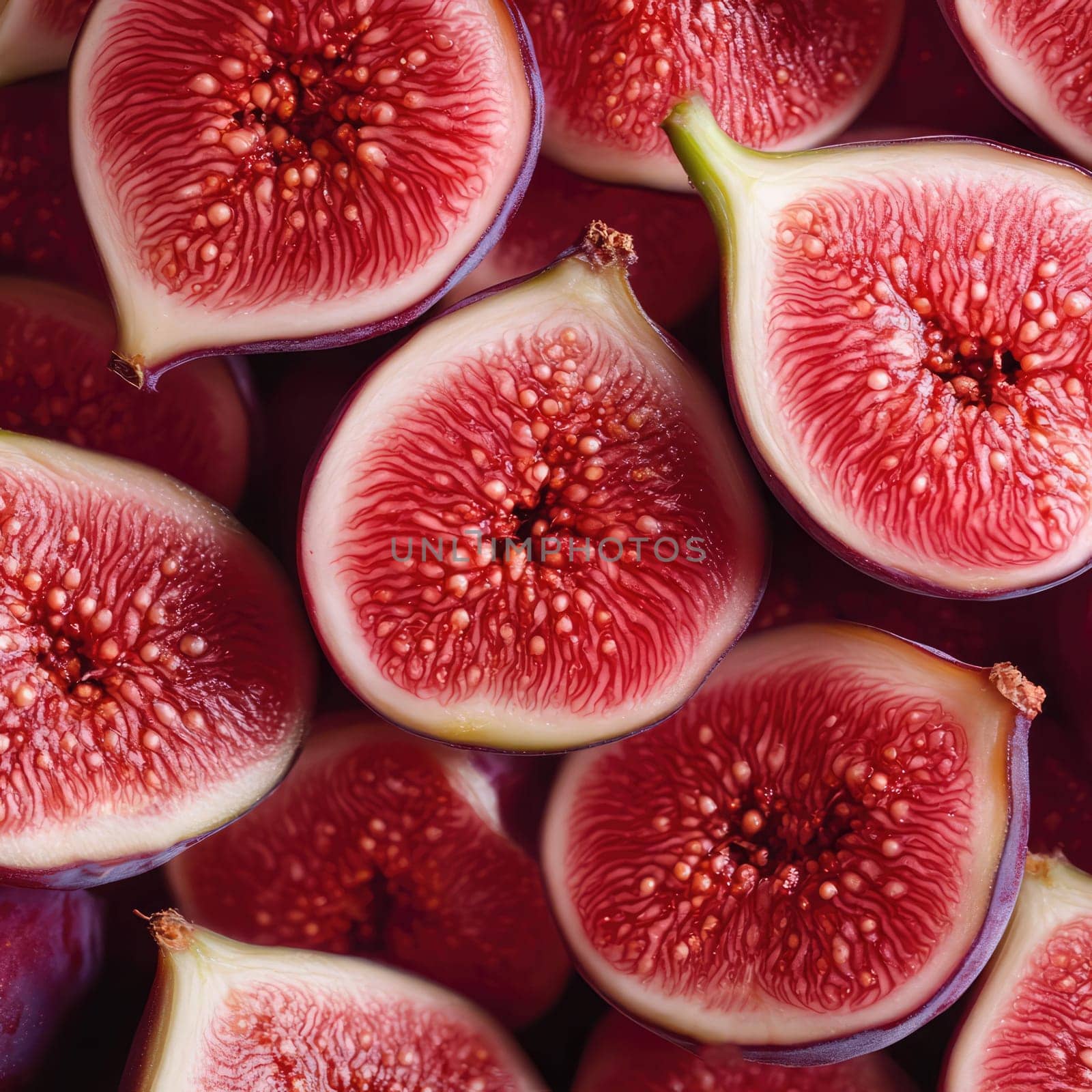 A close-up view of vibrant figs cut in half, revealing their rich red flesh and tiny seeds. The intricate patterns and textures highlight their natural beauty and appeal.