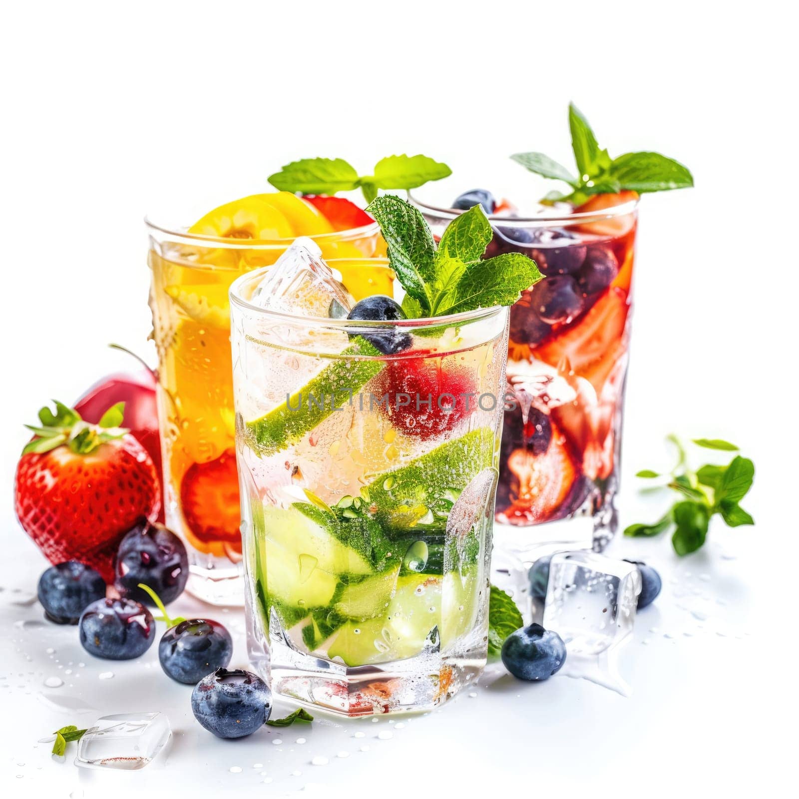 Three vibrant drinks filled with ice and fresh fruits showcase a colorful mix of flavors, perfect for a warm summer day and refreshing gatherings.