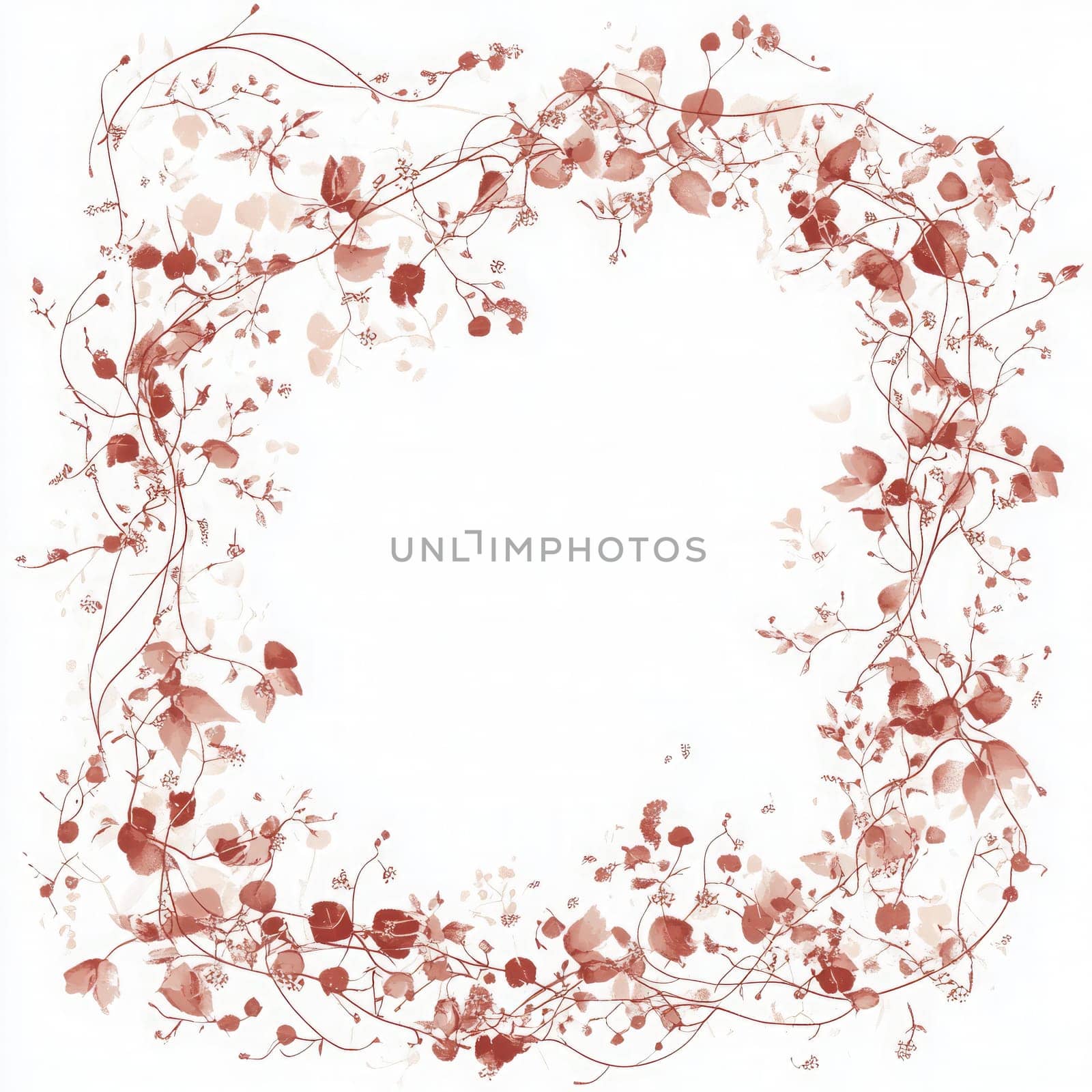 A decorative border composed of soft red leaves and delicate vines gracefully encircles a blank space, perfect for artistic projects or invitations.
