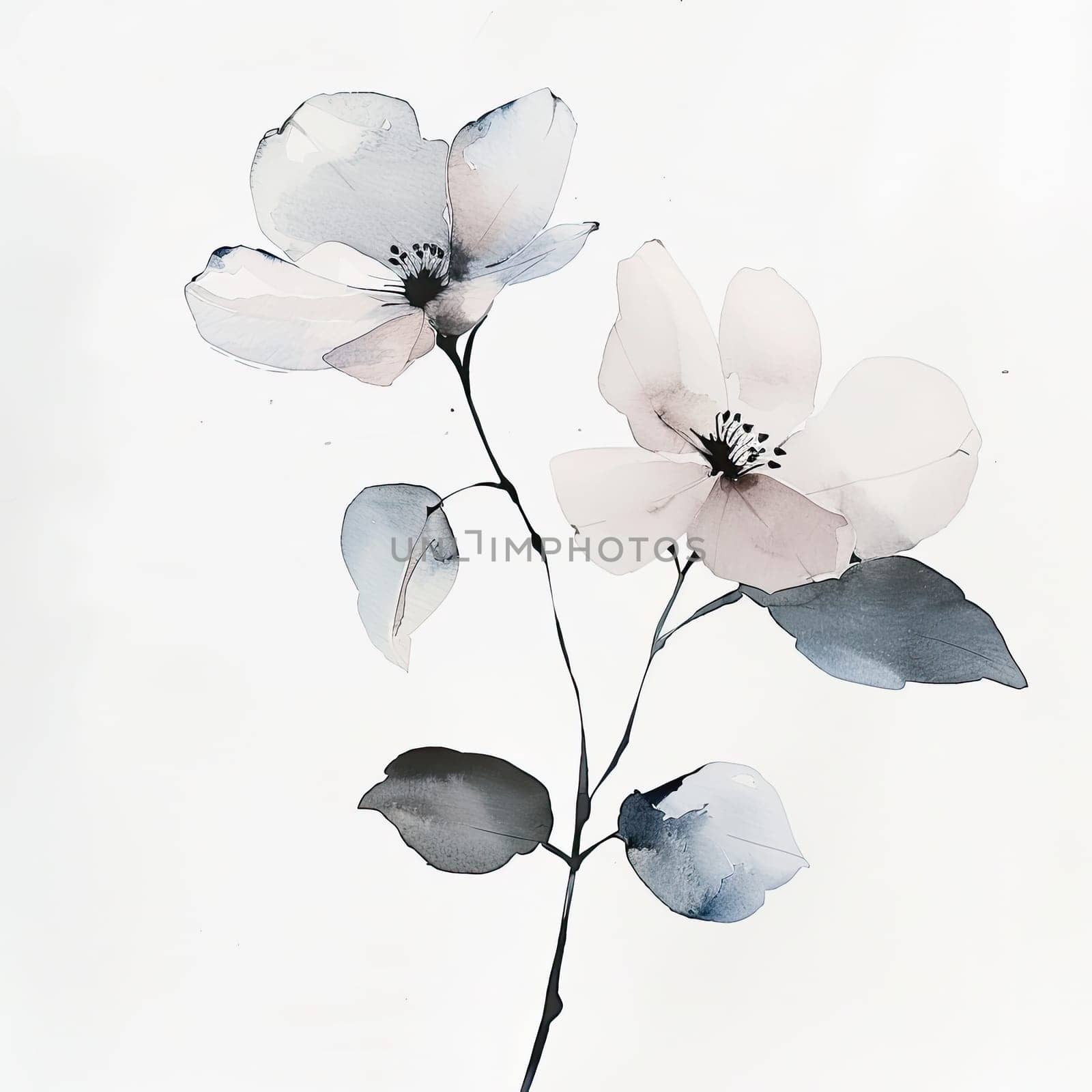 This artwork showcases a pair of soft white blossoms with gentle shades of blue and green leaves, elegantly arranged on a slender stem against a light backdrop.