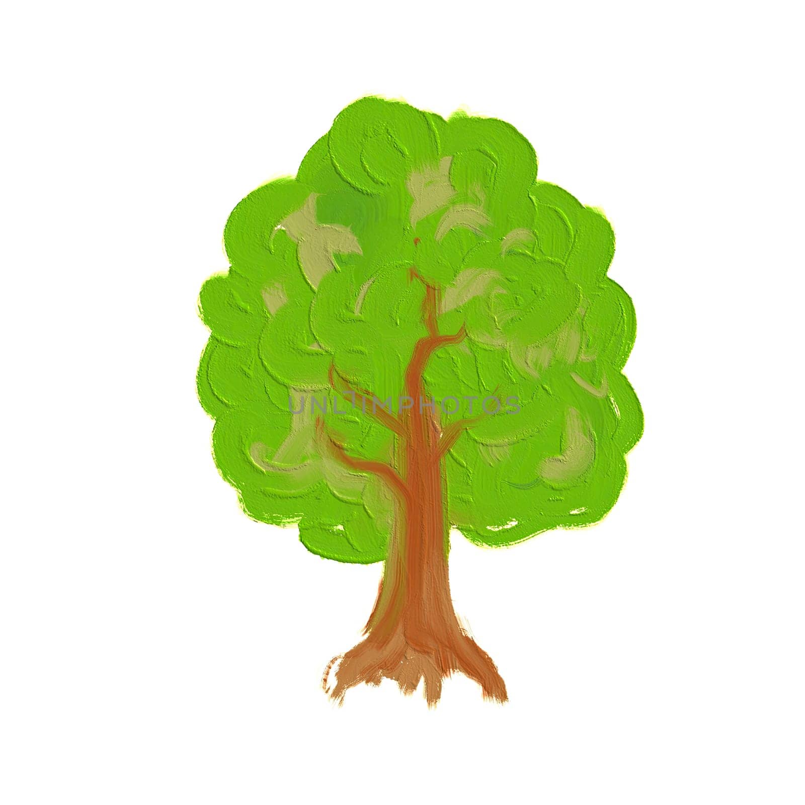 The illustration features a vibrant green tree, illustrating a sturdy trunk and abundant leaves, symbolizing nature and growth in a playful style.