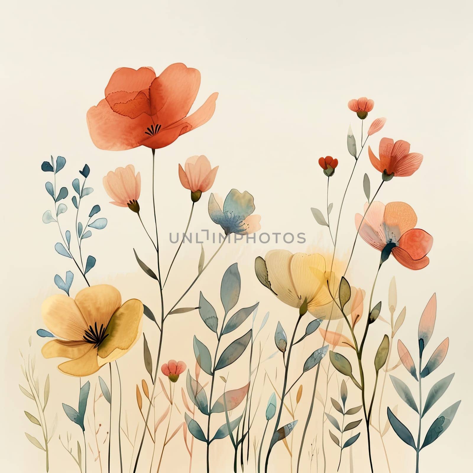 Delicate watercolor flowers display various colors and shapes, creating a serene and artistic composition that captures the beauty of nature.