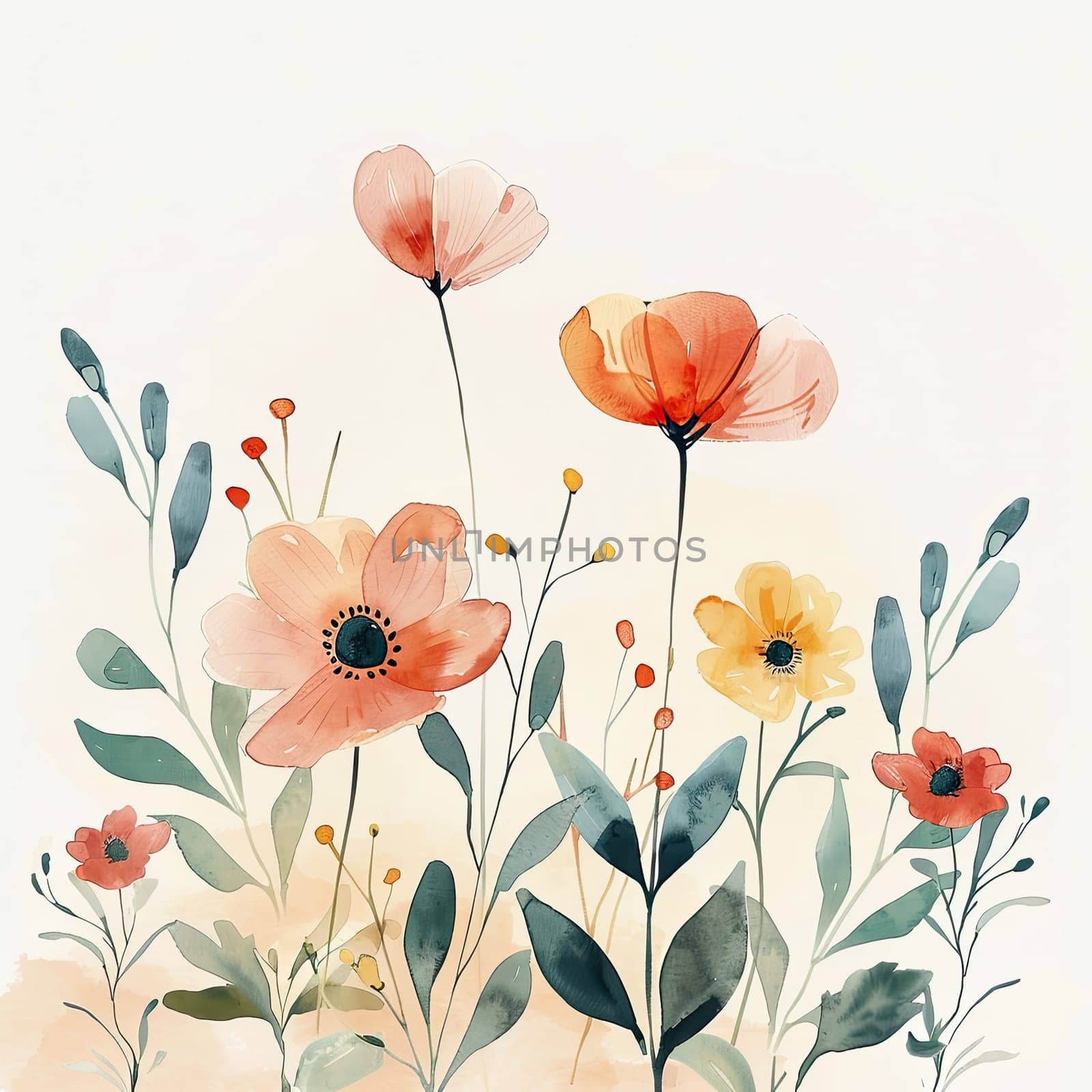 A vibrant collection of various flowers, including poppies and daisies, stands tall against a soft pastel backdrop, highlighting the elegance of nature in artistic detail.