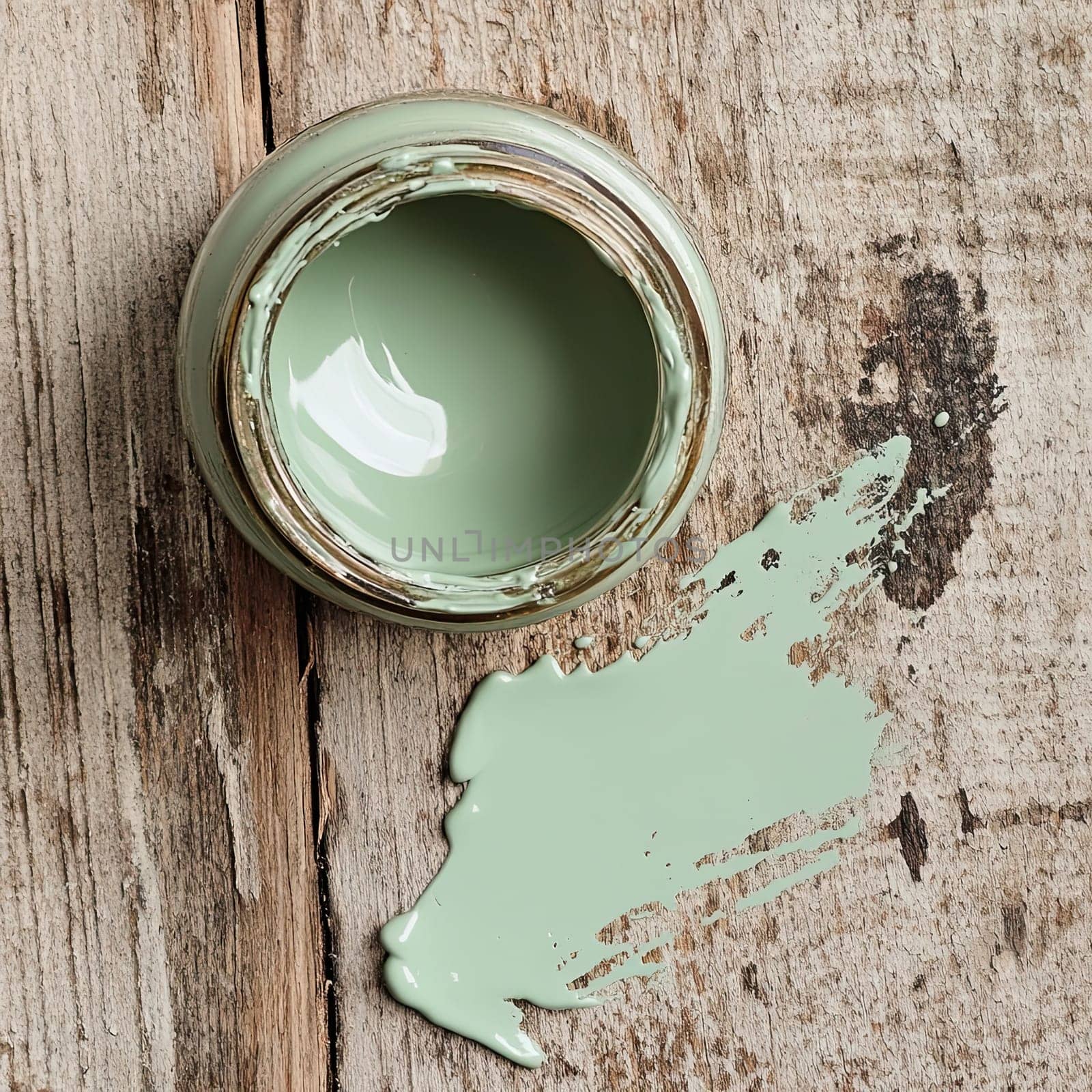A jar of light green paint is open, with some paint spilled onto a weathered wooden surface, highlighting the blend of color and texture in a creative environment.