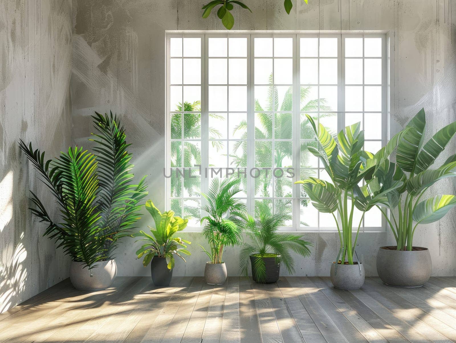 A tranquil indoor space features a variety of lush potted plants arranged near large windows, allowing natural light to fill the room with greenery and warmth.