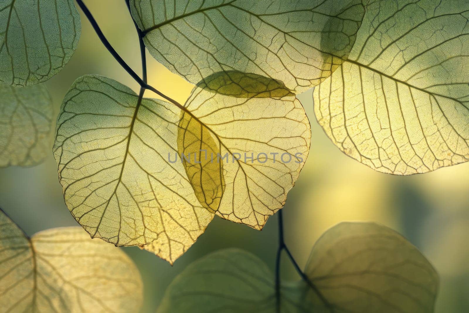 Sunlight filters through a cluster of green leaves, highlighting their intricate vein patterns. This serene moment captures the beauty of nature in a tranquil forest setting.