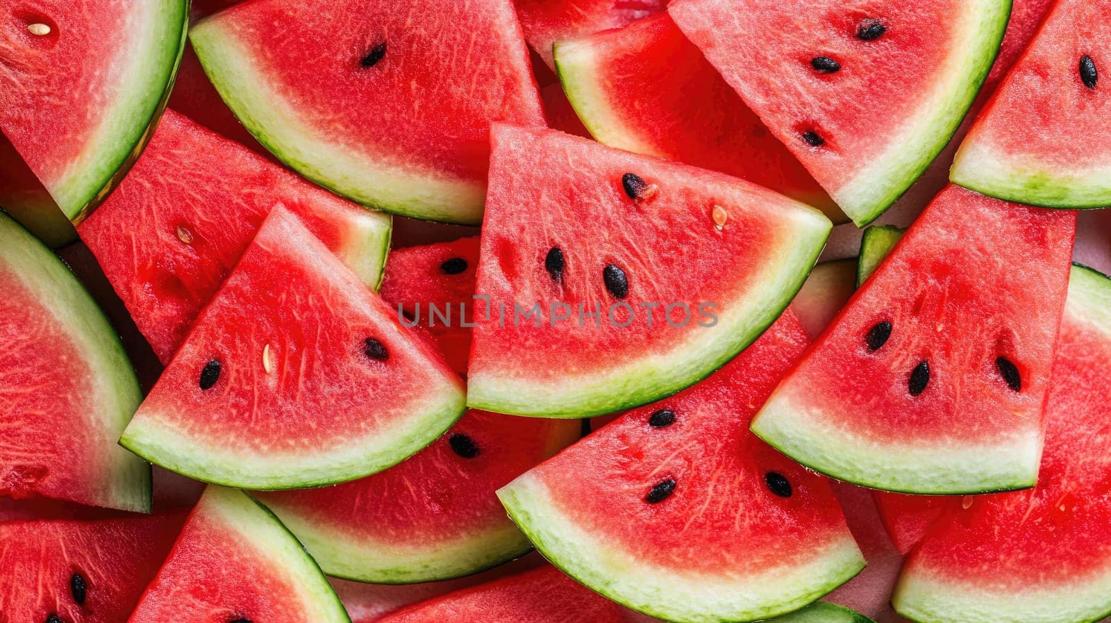A colorful assortment of juicy watermelon slices with vibrant red flesh and dark seeds is displayed, perfect for summer gatherings or healthy snacking choices.