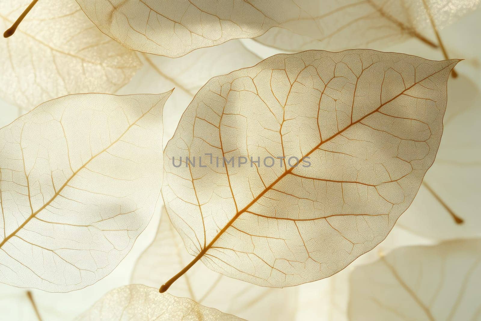 Translucent leaves with intricate vein patterns are layered gracefully on a soft background, creating a peaceful, ethereal composition in natural light.
