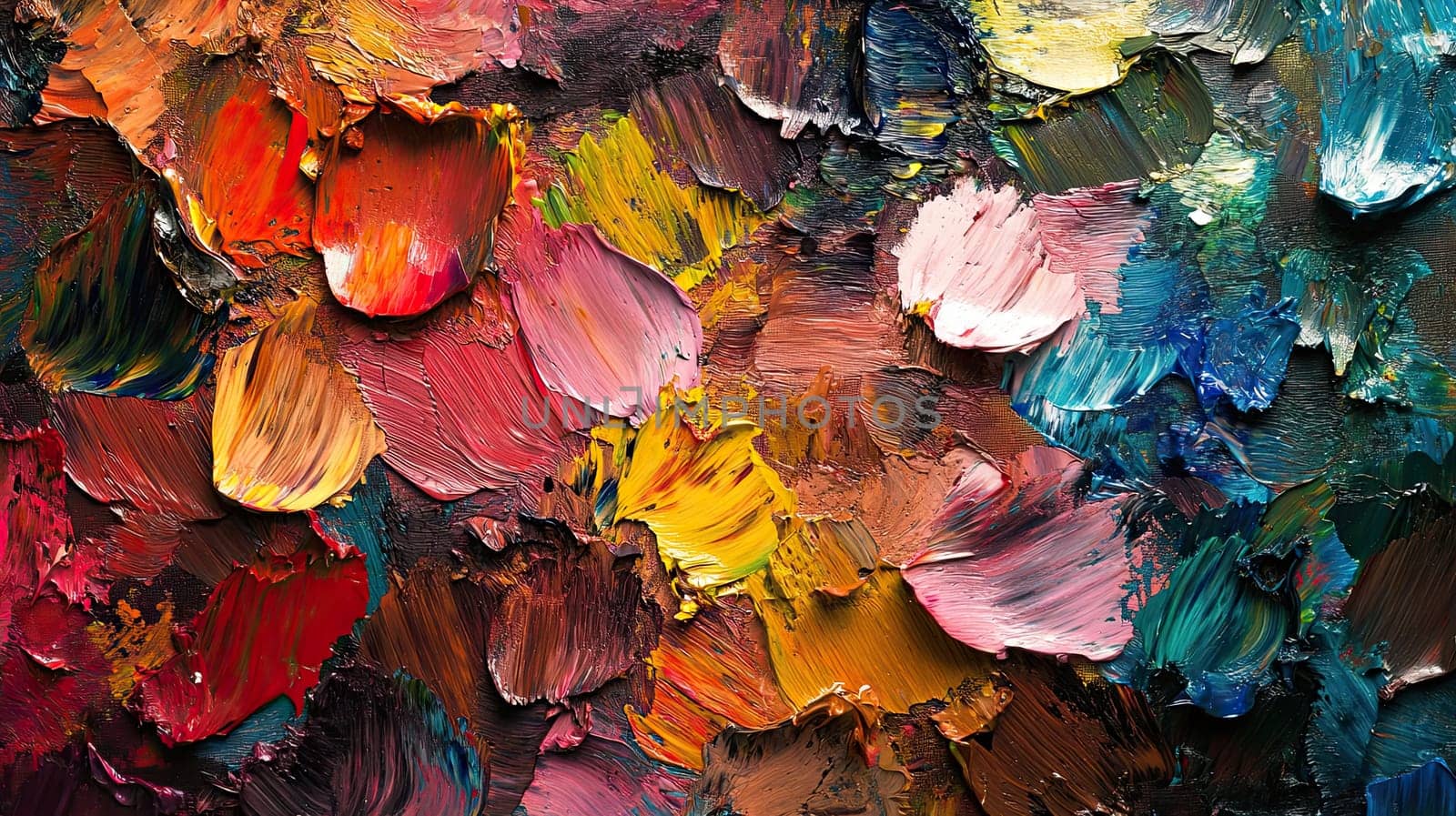 The canvas displays a rich array of oil paint strokes, blending reds, yellows, and blues, revealing the artist's creativity in an abstract composition.