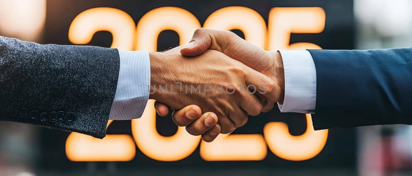 close up of business handshake symbolizes partnership and collaboration, set against backdrop featuring year 2025, reflecting future aspirations and goals.
