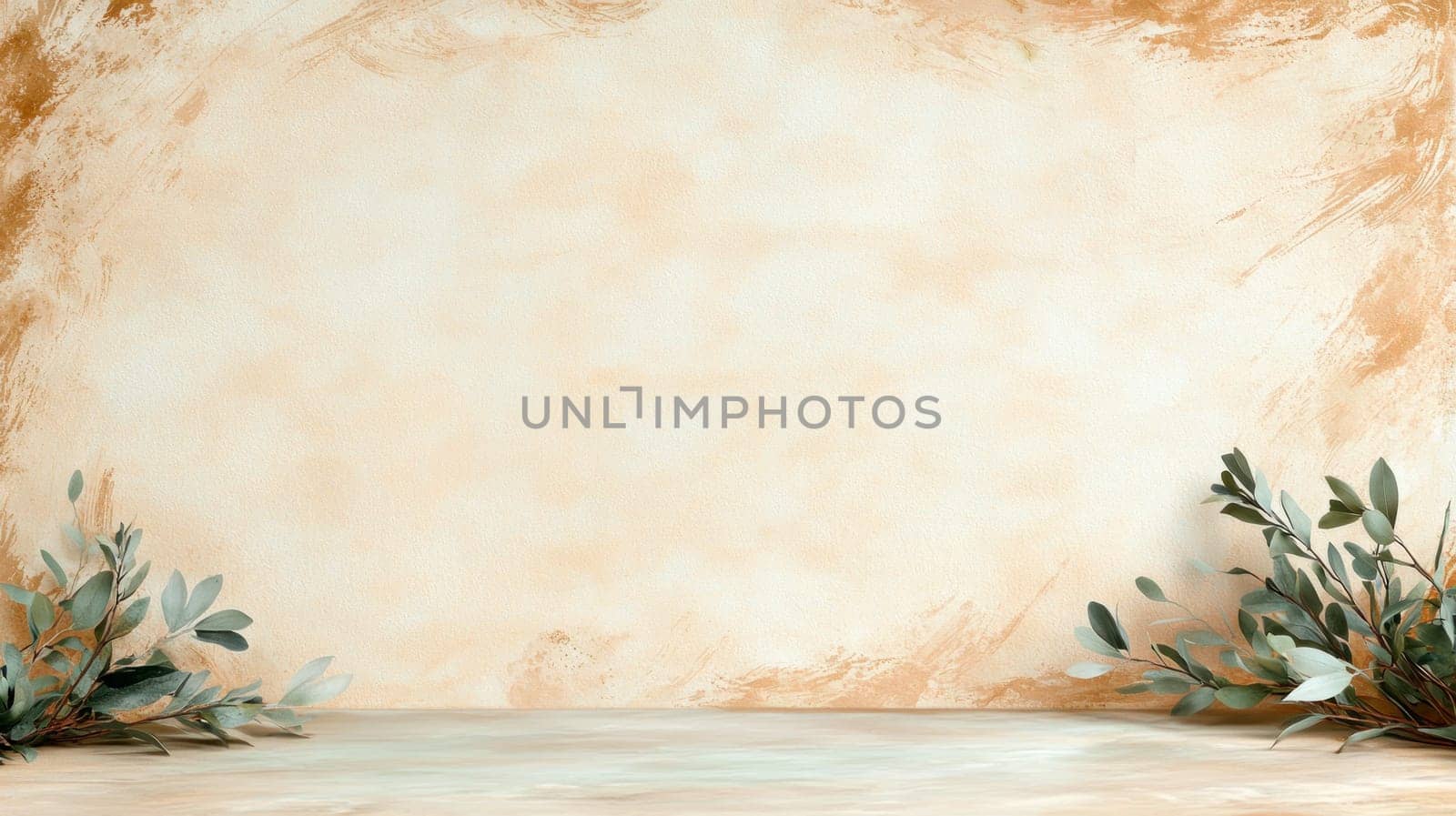 seamless vintage parchment texture with soft age tones creates warm and inviting backdrop, complemented by delicate greenery on either side, perfect for various design projects.
